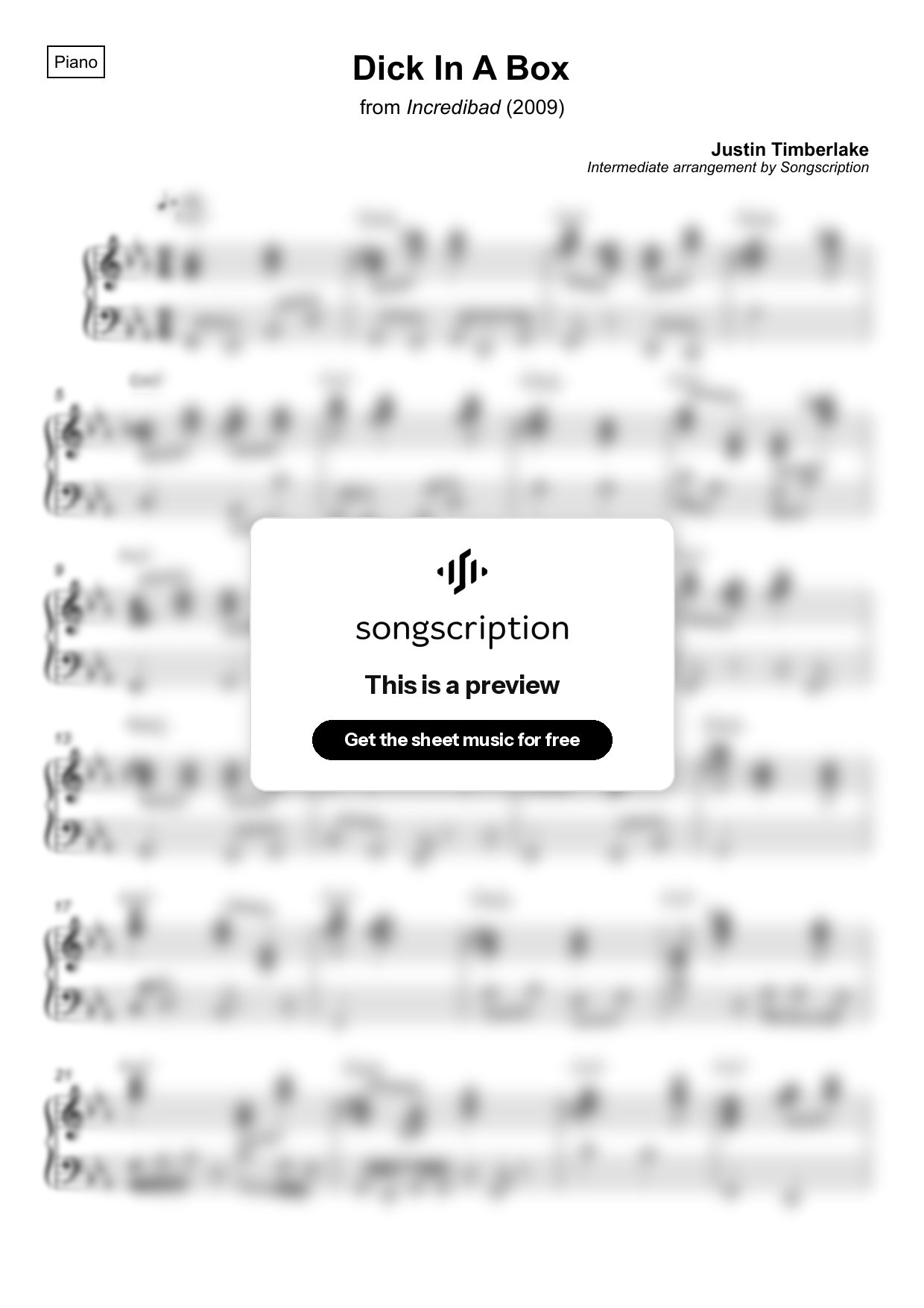 Intermediate Piano Sheet Music for "Dick In A Box" by Justin Timberlake