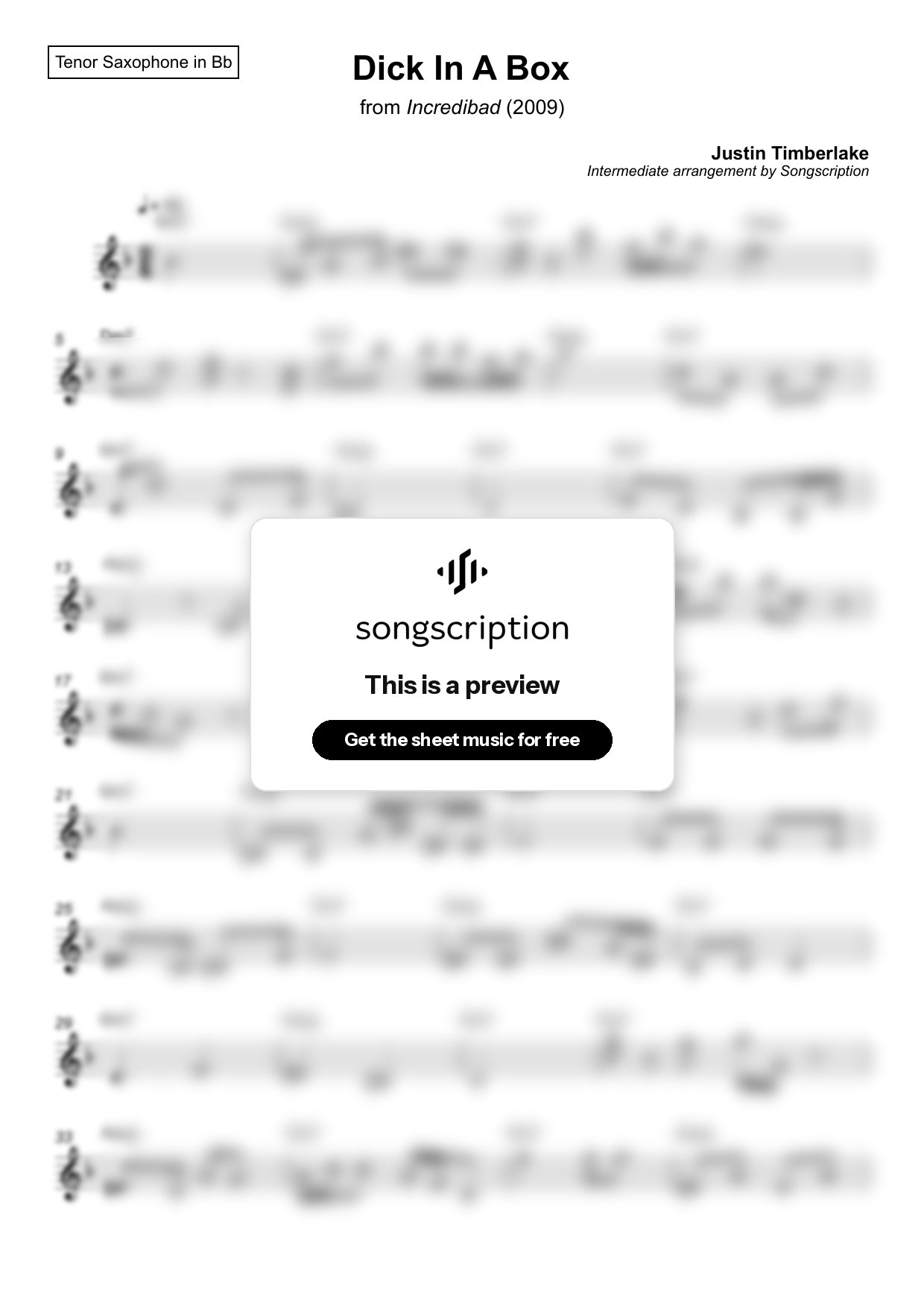 Intermediate Tenor Sax Sheet Music for "Dick In A Box" by Justin Timberlake