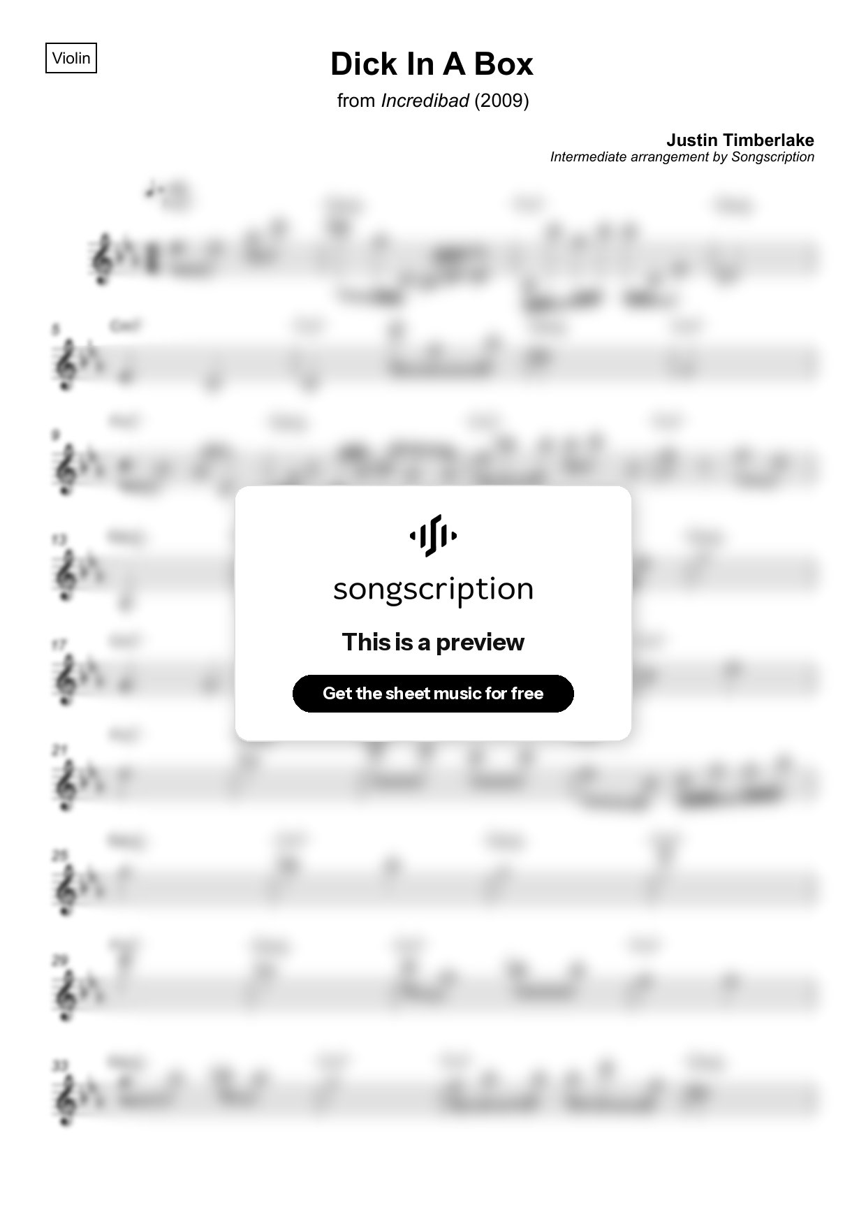 Intermediate Violin Sheet Music for "Dick In A Box" by Justin Timberlake