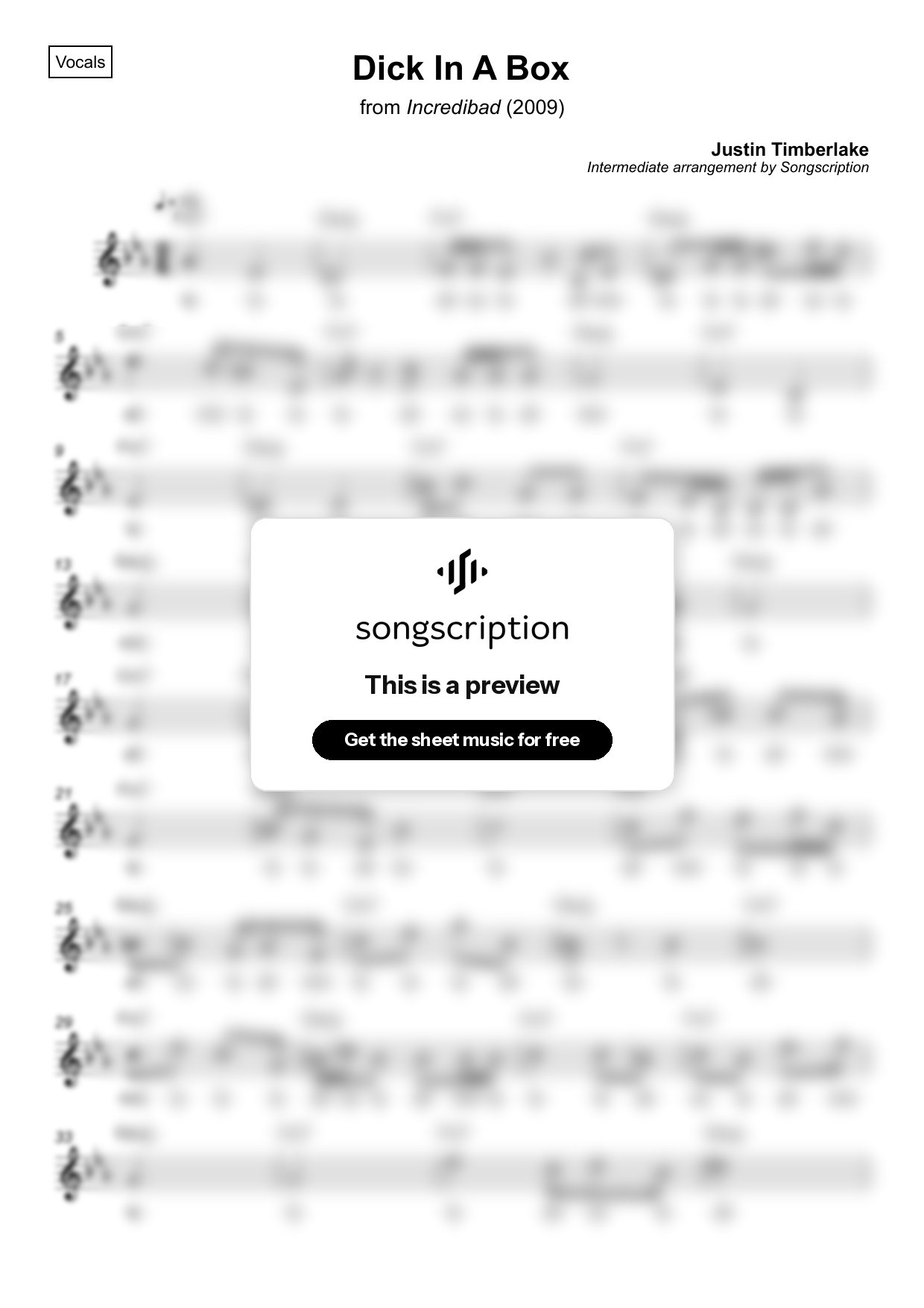 Intermediate Vocals Sheet Music for "Dick In A Box" by Justin Timberlake