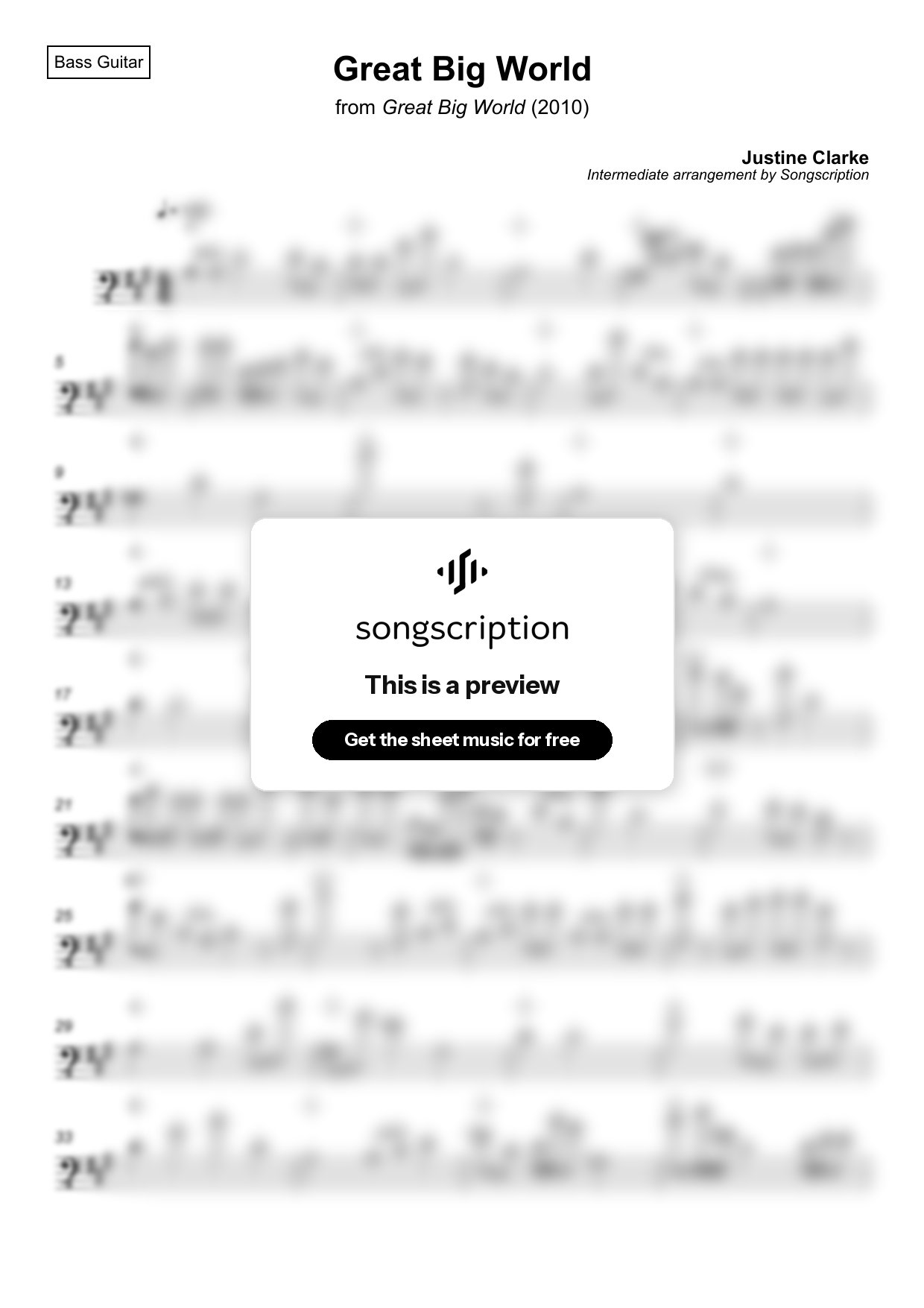 Intermediate Bass Guitar Sheet Music for "Great Big World" by Justine Clarke