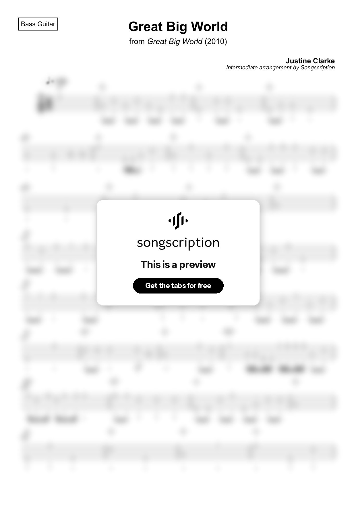 Intermediate Bass Guitar Tabs for "Great Big World" by Justine Clarke