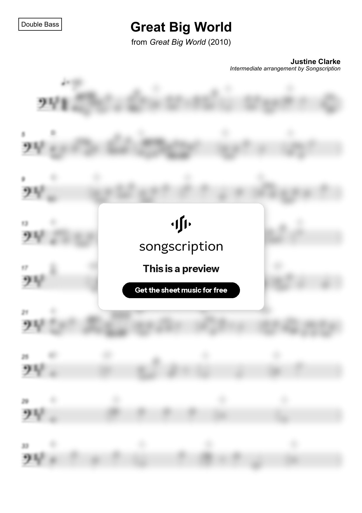 Intermediate Double Bass Sheet Music for "Great Big World" by Justine Clarke