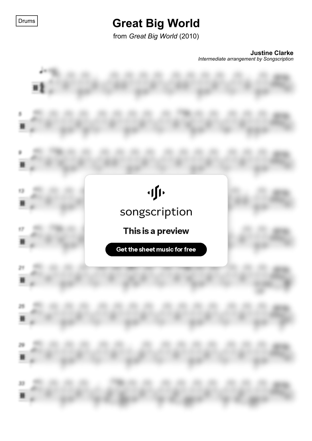 Intermediate Drums Sheet Music for "Great Big World" by Justine Clarke