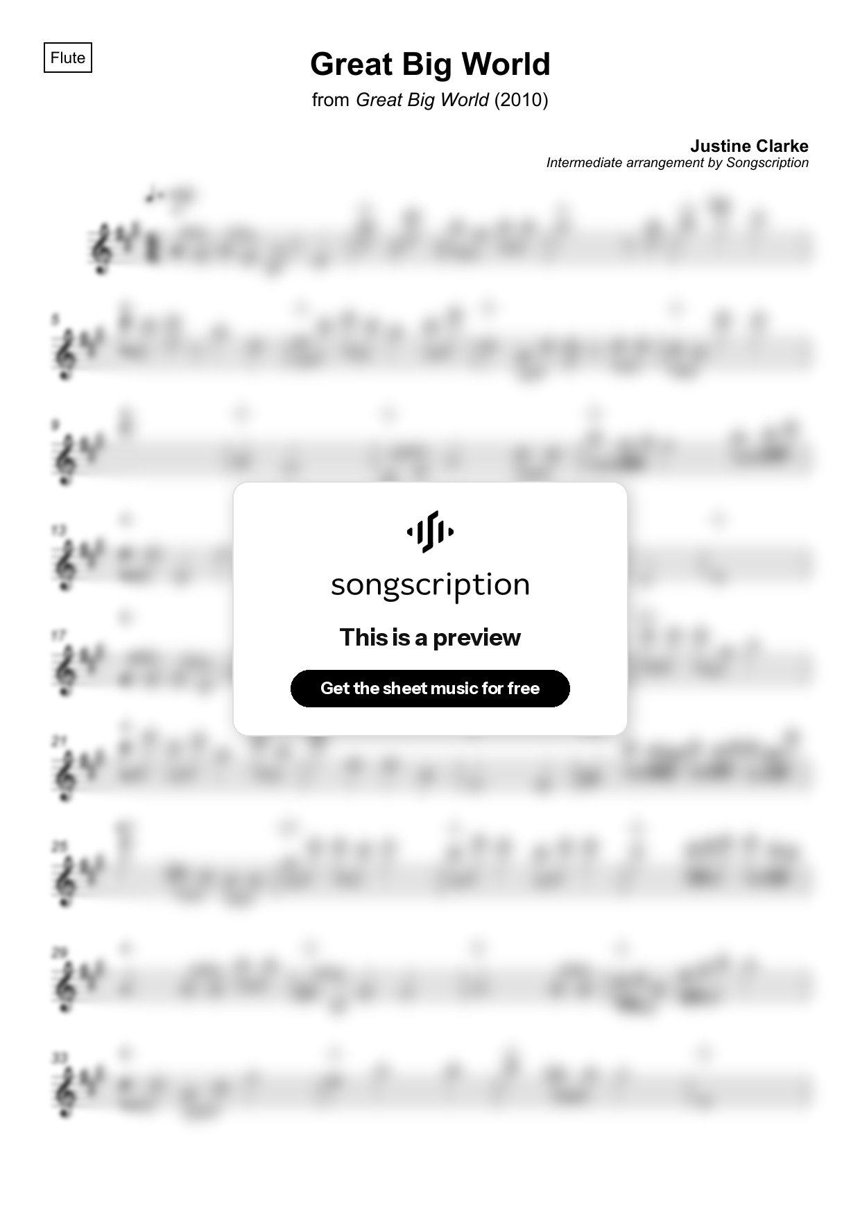 Intermediate Flute Sheet Music for "Great Big World" by Justine Clarke