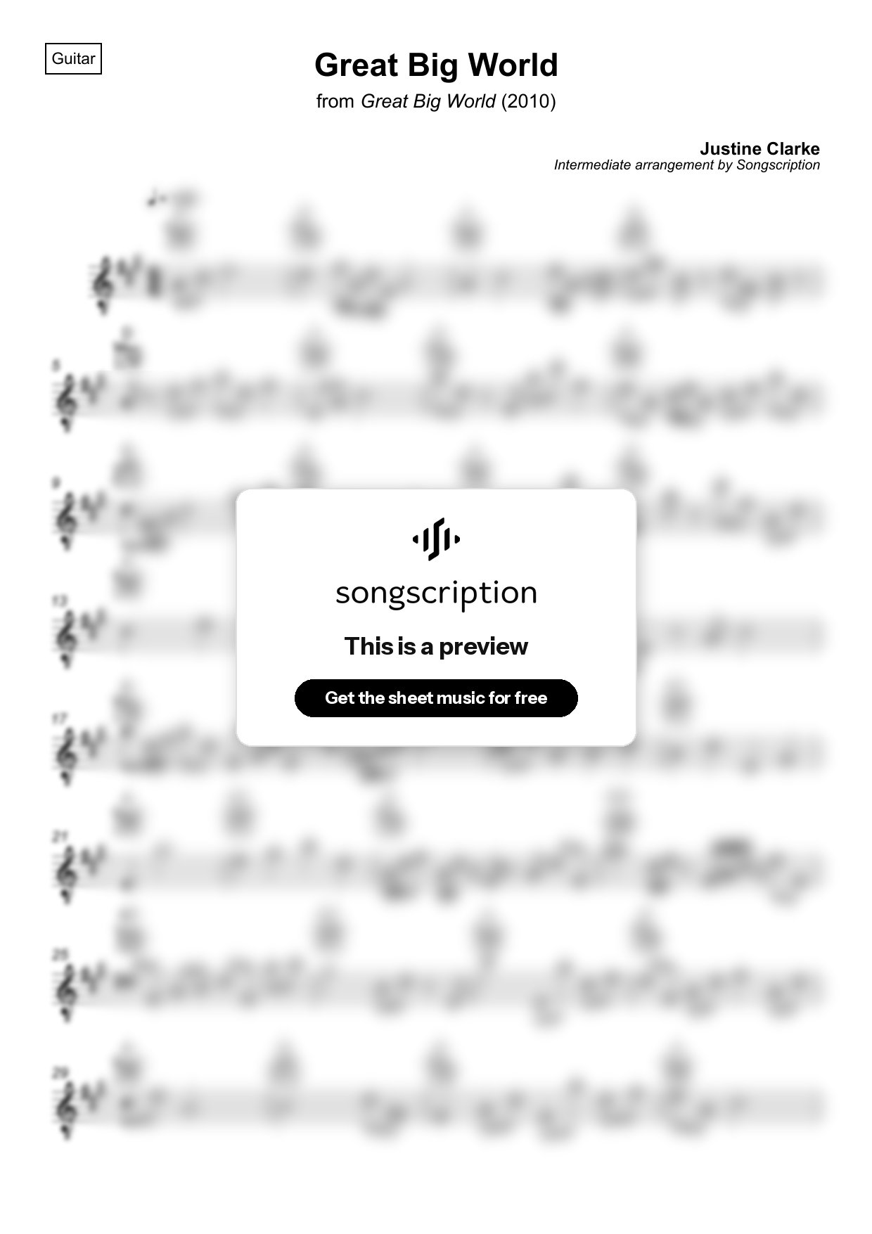 Intermediate Acoustic Guitar Sheet Music for "Great Big World" by Justine Clarke