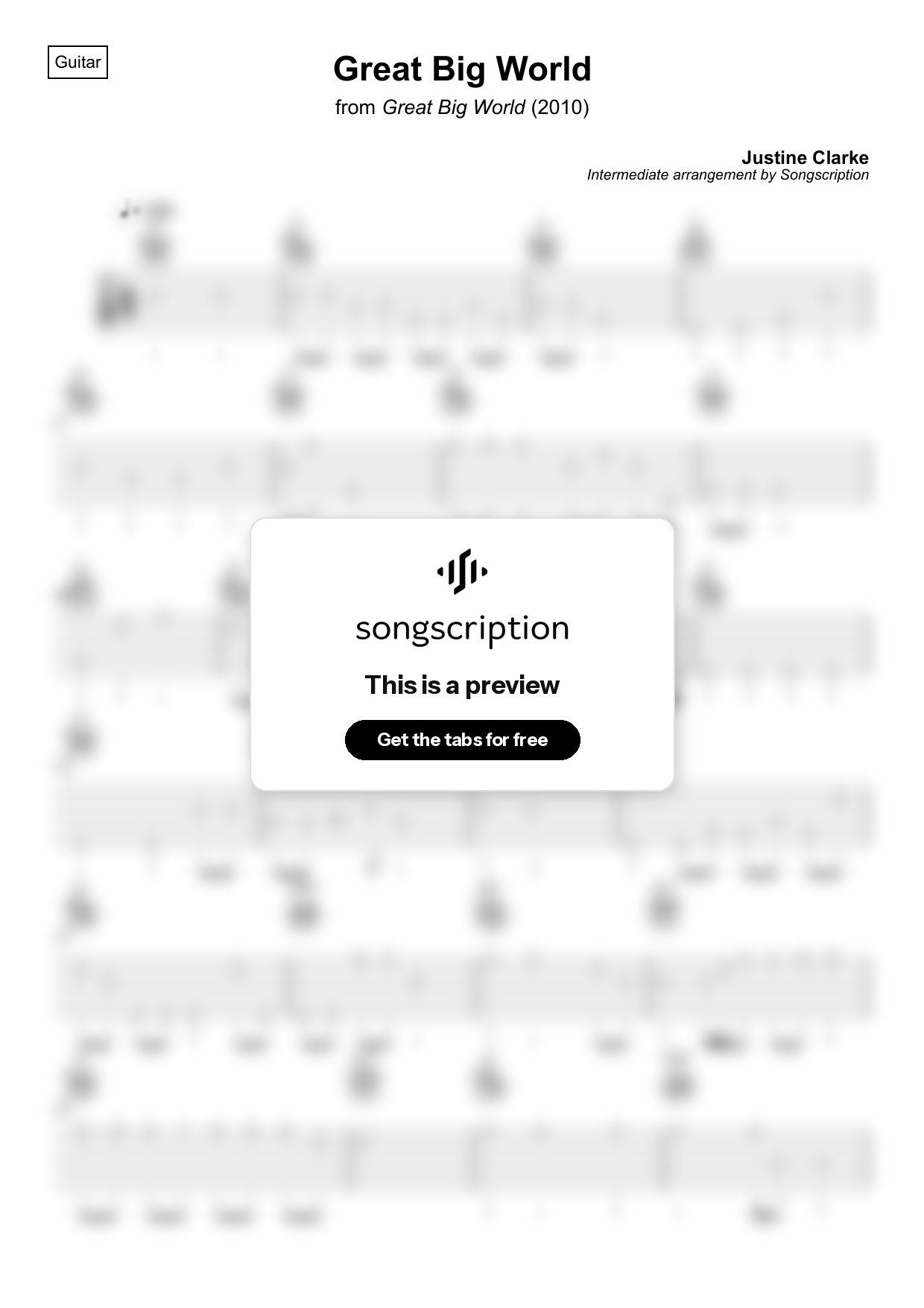 Intermediate Acoustic Guitar Tabs for "Great Big World" by Justine Clarke