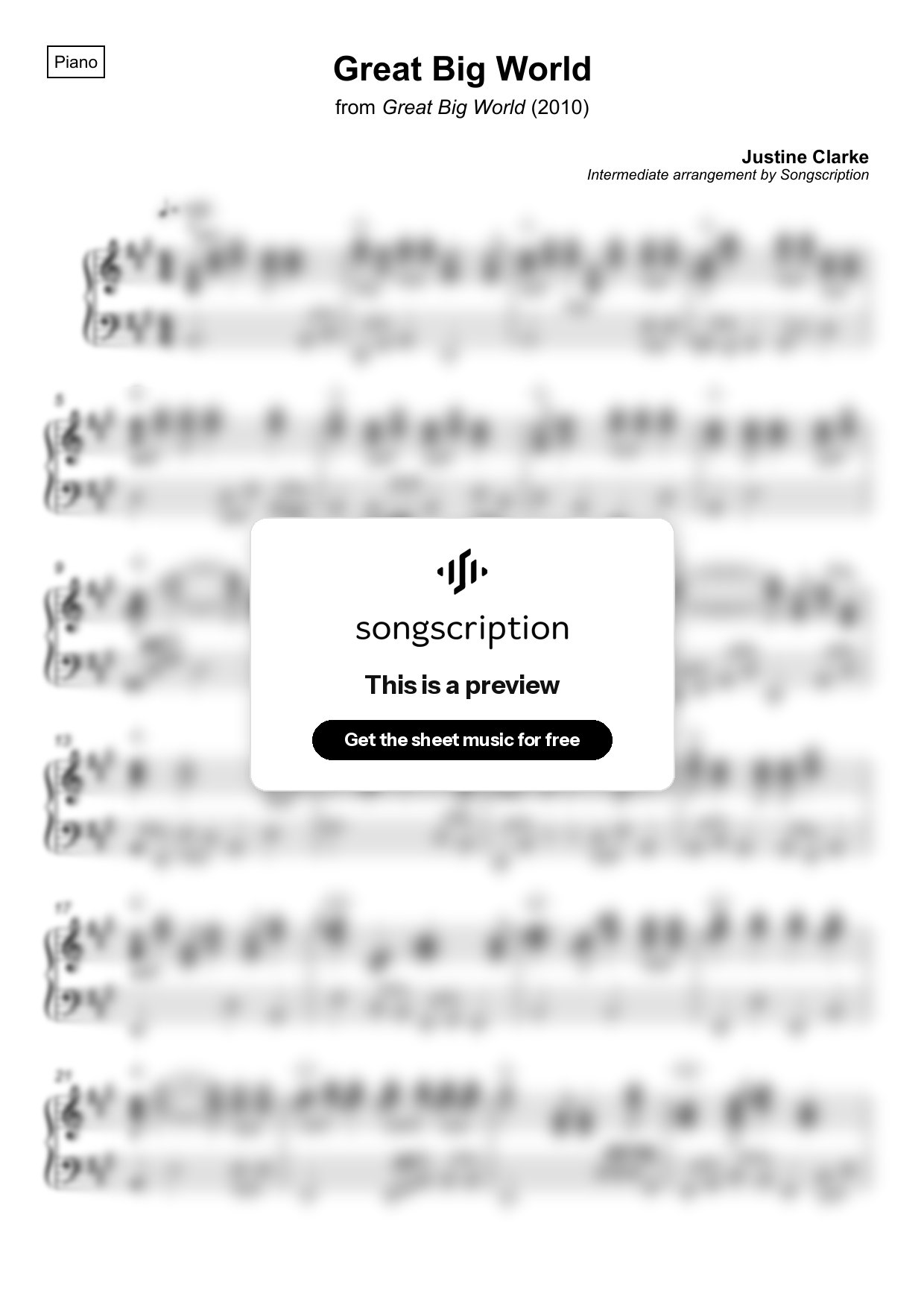 Intermediate Piano Sheet Music for "Great Big World" by Justine Clarke