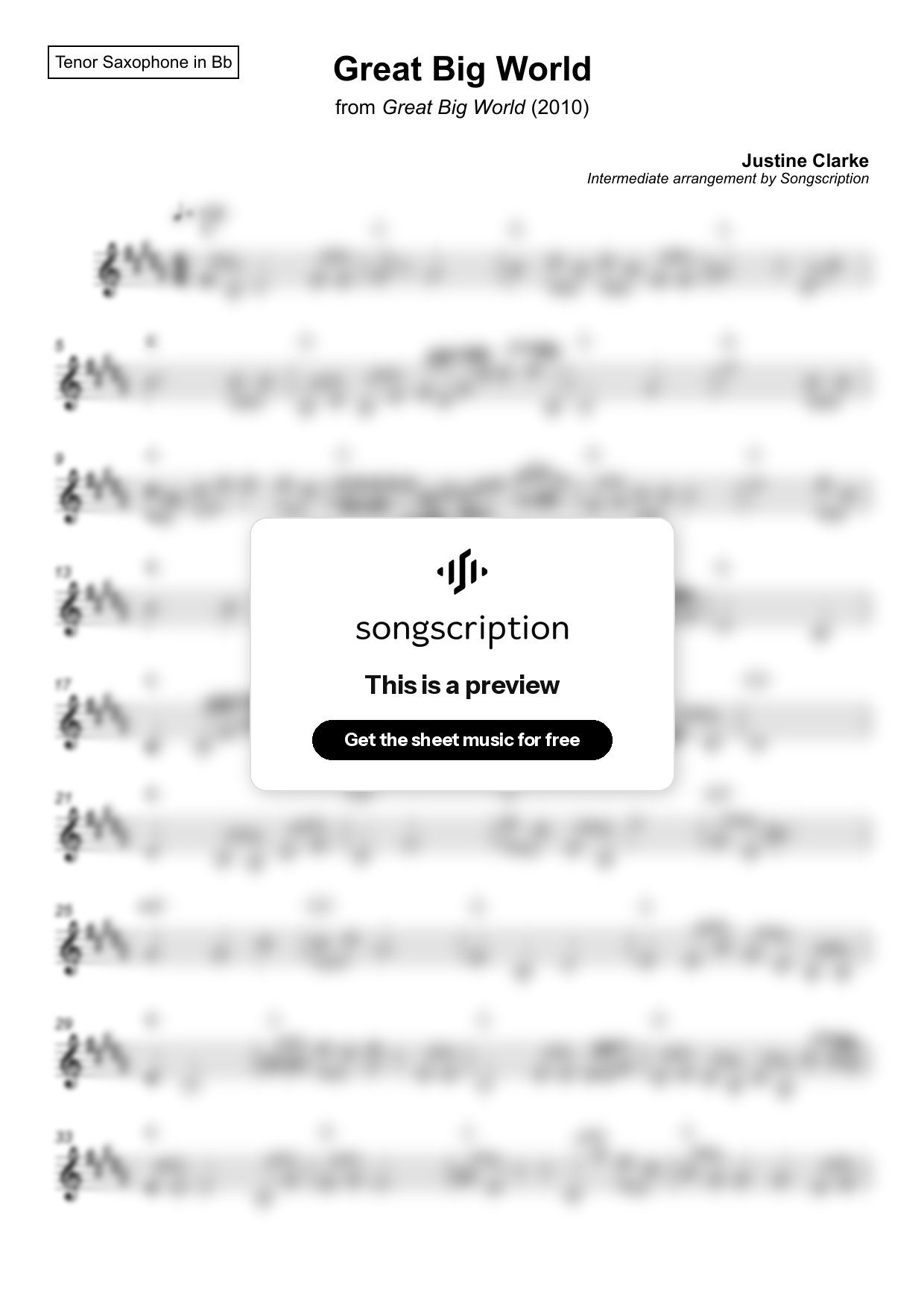 Intermediate Tenor Sax Sheet Music for "Great Big World" by Justine Clarke