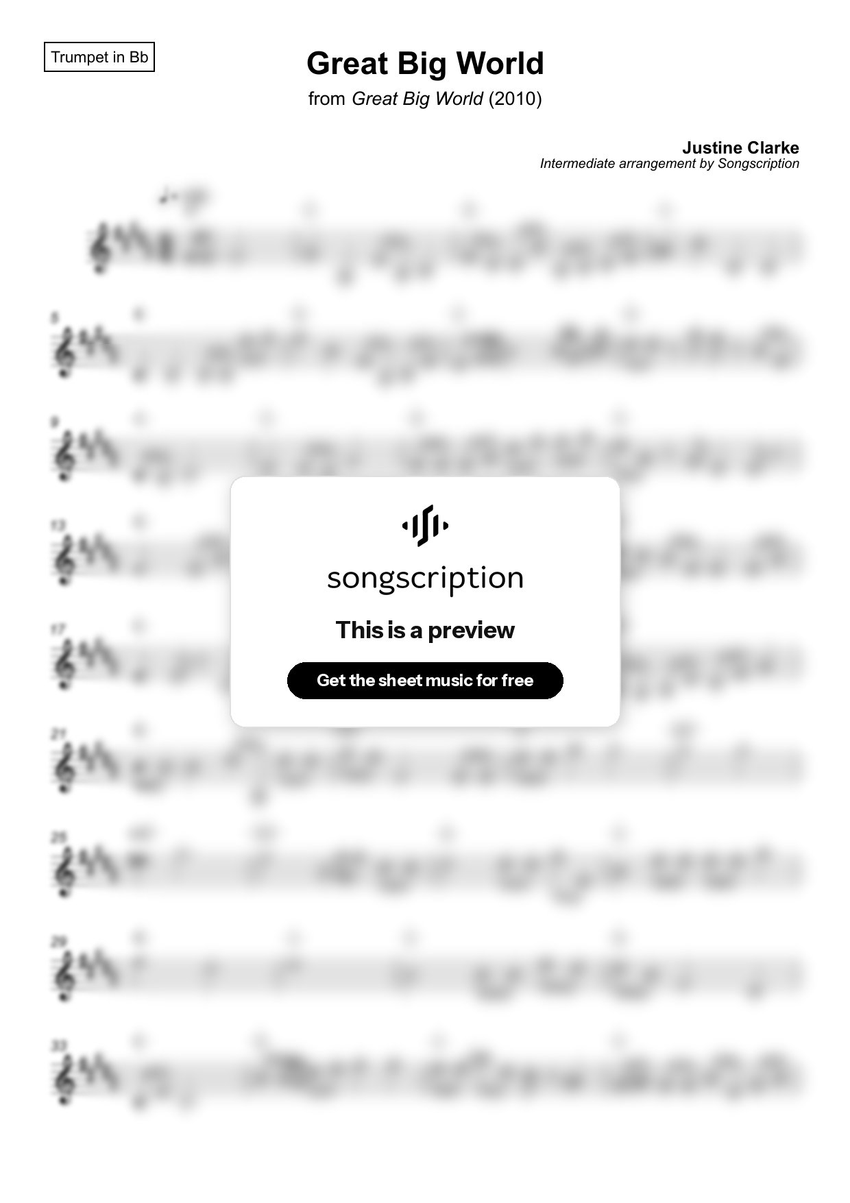 Intermediate Trumpet Sheet Music for "Great Big World" by Justine Clarke