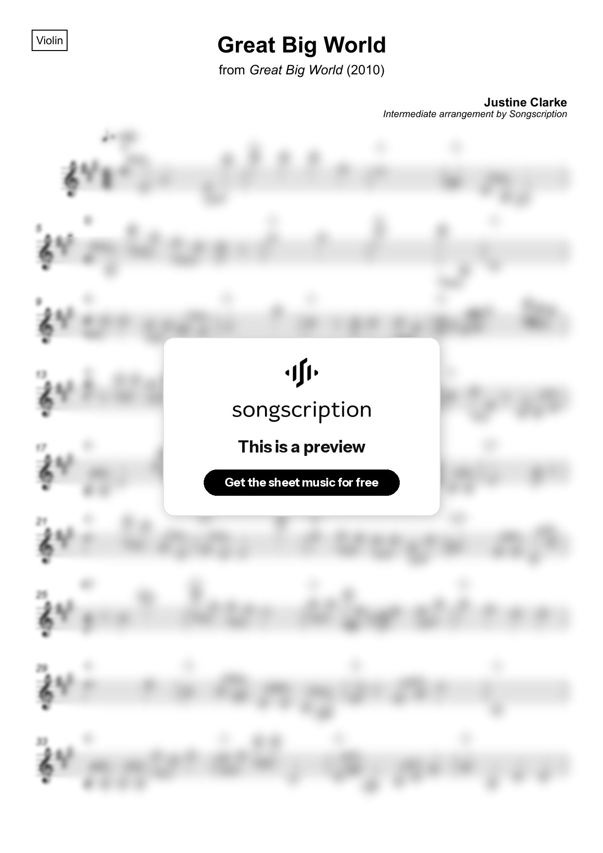 Intermediate Violin Sheet Music for "Great Big World" by Justine Clarke