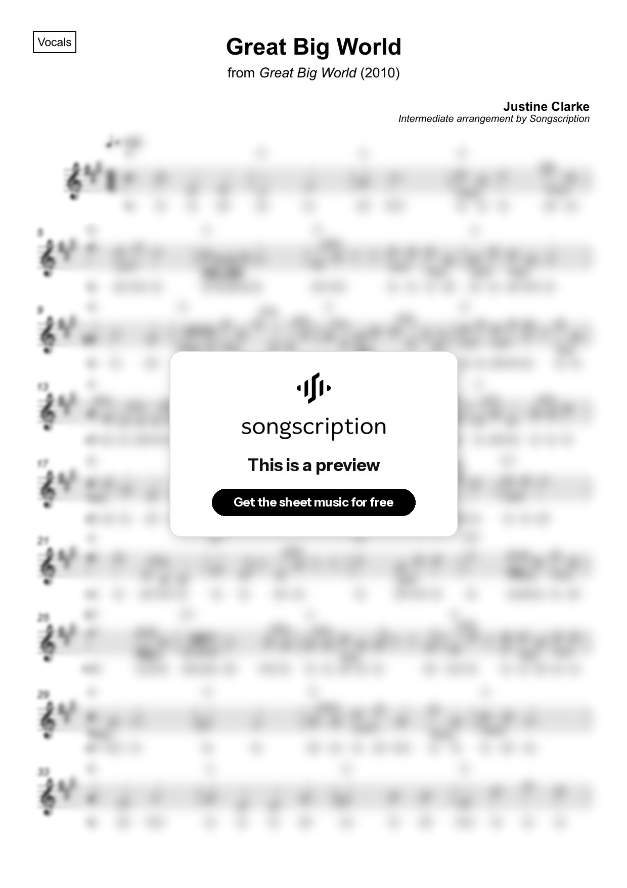 Intermediate Vocals Sheet Music for "Great Big World" by Justine Clarke