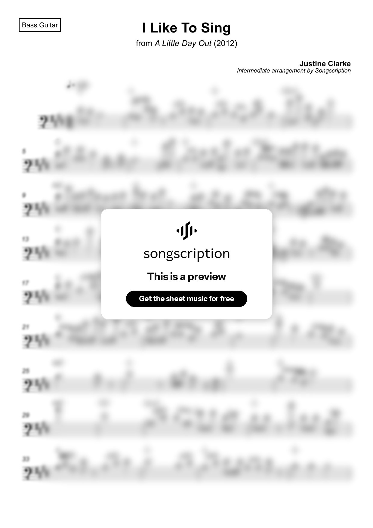 Intermediate Bass Guitar Sheet Music for "I Like To Sing" by Justine Clarke
