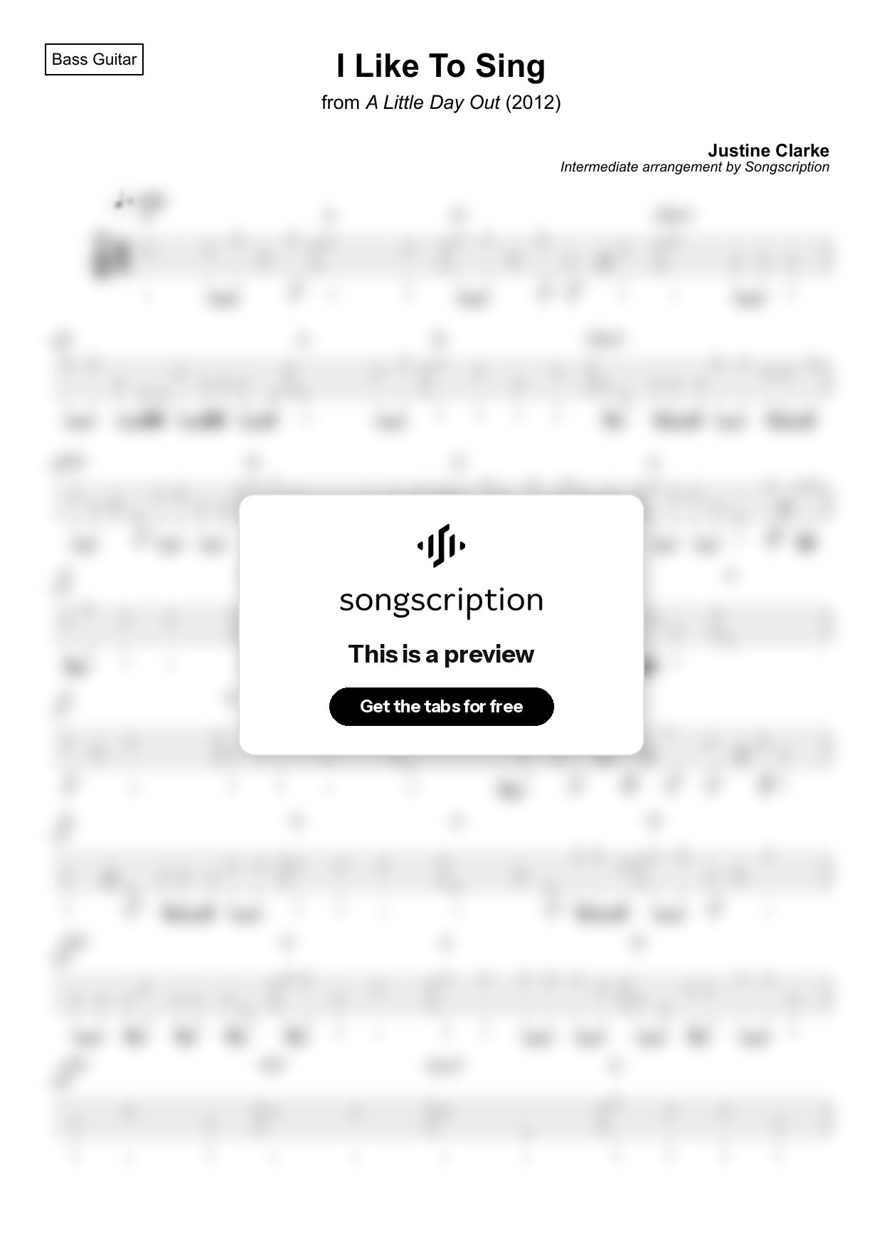 Intermediate Bass Guitar Tabs for "I Like To Sing" by Justine Clarke
