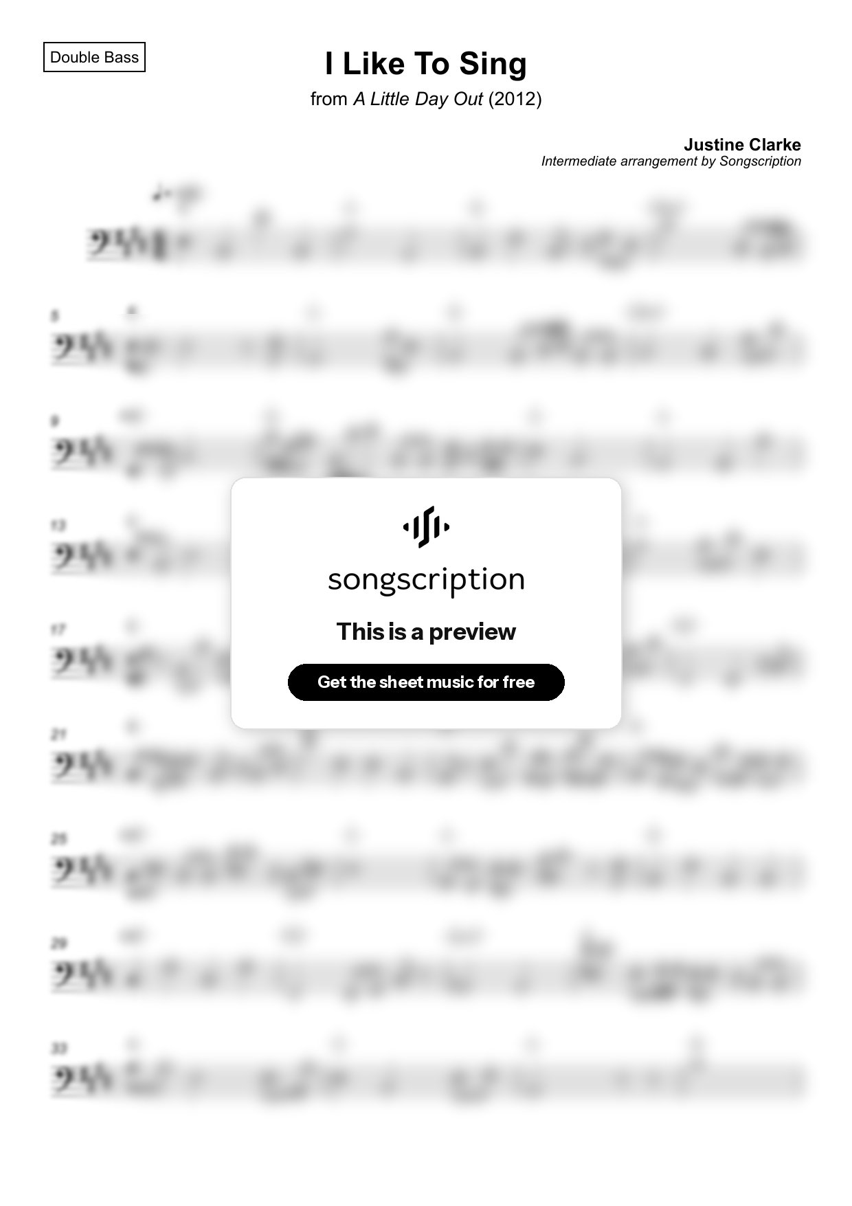 Intermediate Double Bass Sheet Music for "I Like To Sing" by Justine Clarke
