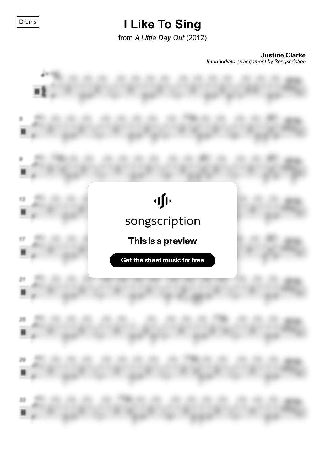 Intermediate Drums Sheet Music for "I Like To Sing" by Justine Clarke