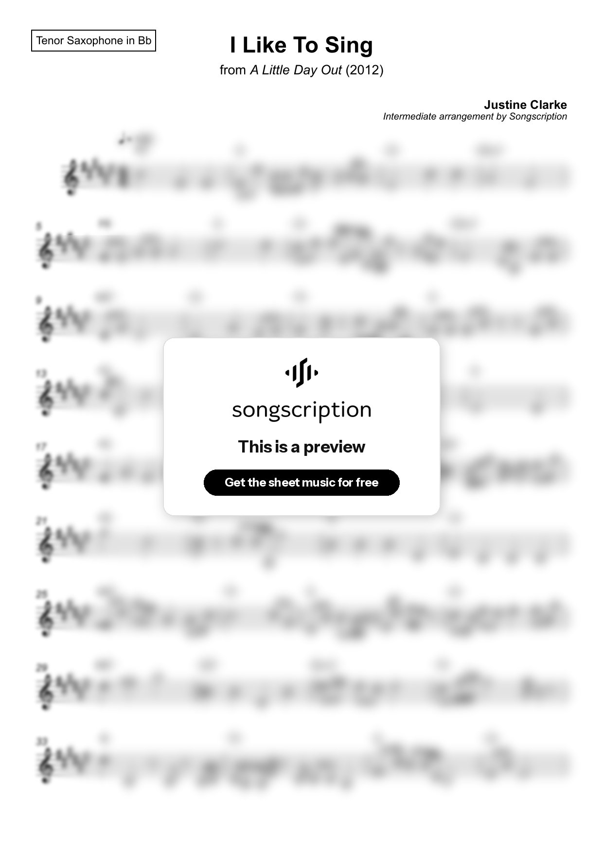 Intermediate Tenor Sax Sheet Music for "I Like To Sing" by Justine Clarke