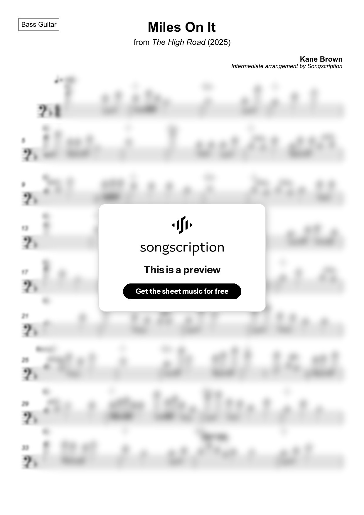 Intermediate Bass Guitar Sheet Music for "Miles On It" by Kane Brown