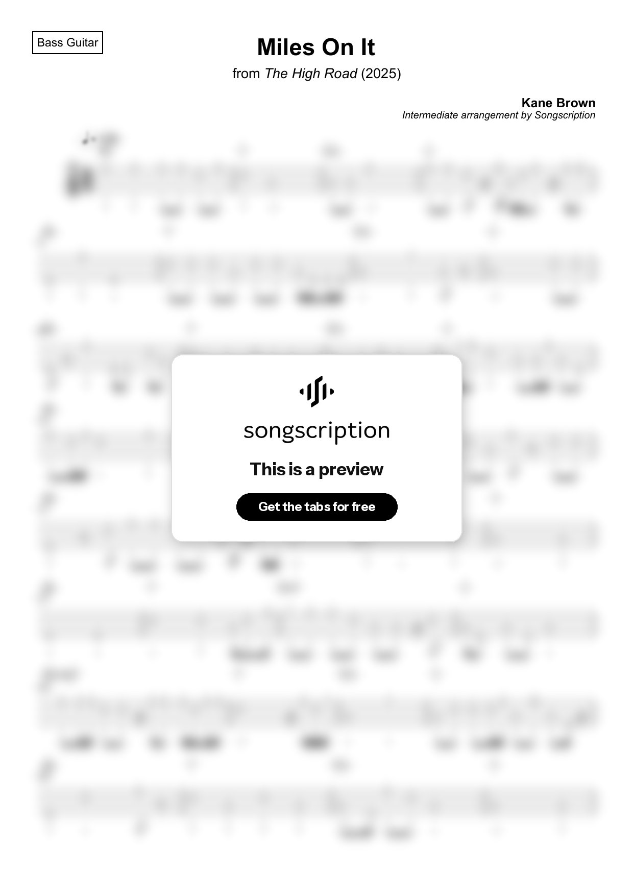 Intermediate Bass Guitar Tabs for "Miles On It" by Kane Brown
