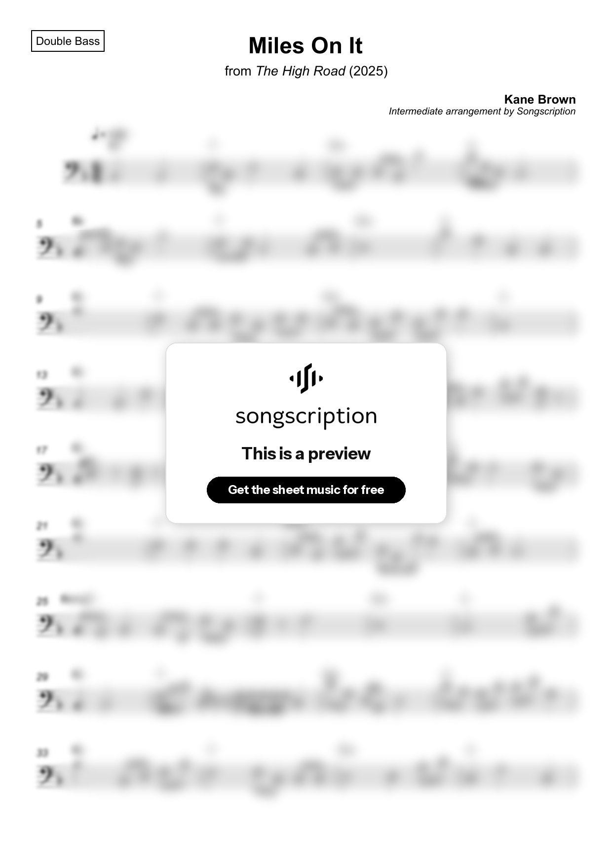 Intermediate Double Bass Sheet Music for "Miles On It" by Kane Brown