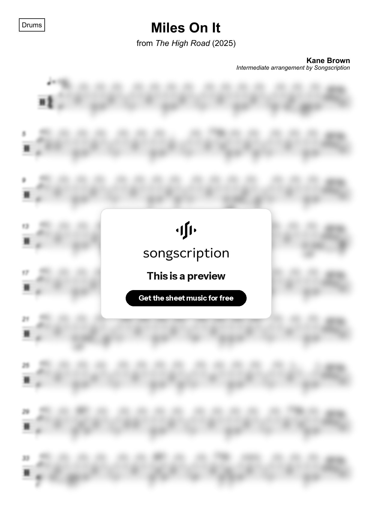 Intermediate Drums Sheet Music for "Miles On It" by Kane Brown