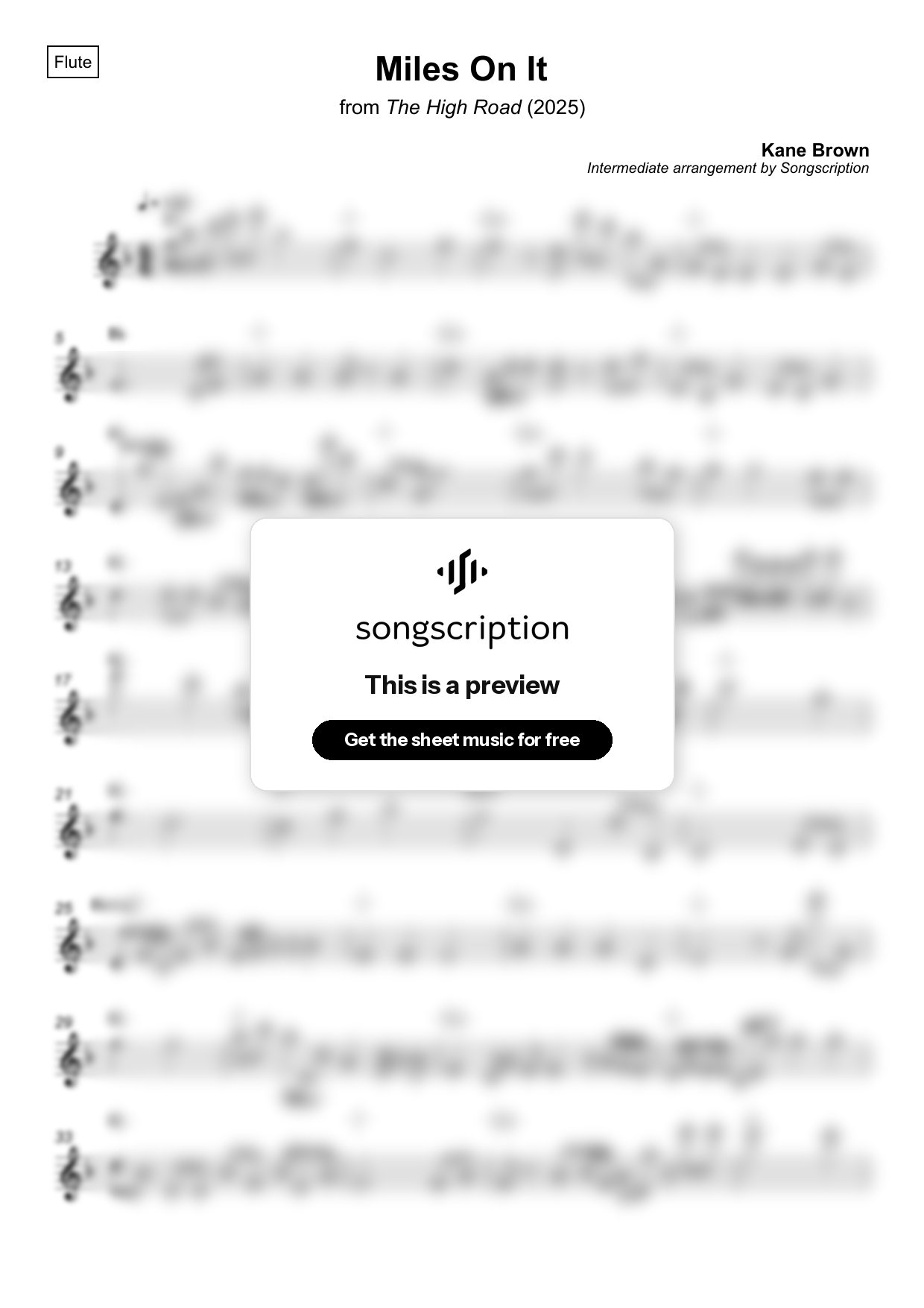 Intermediate Flute Sheet Music for "Miles On It" by Kane Brown