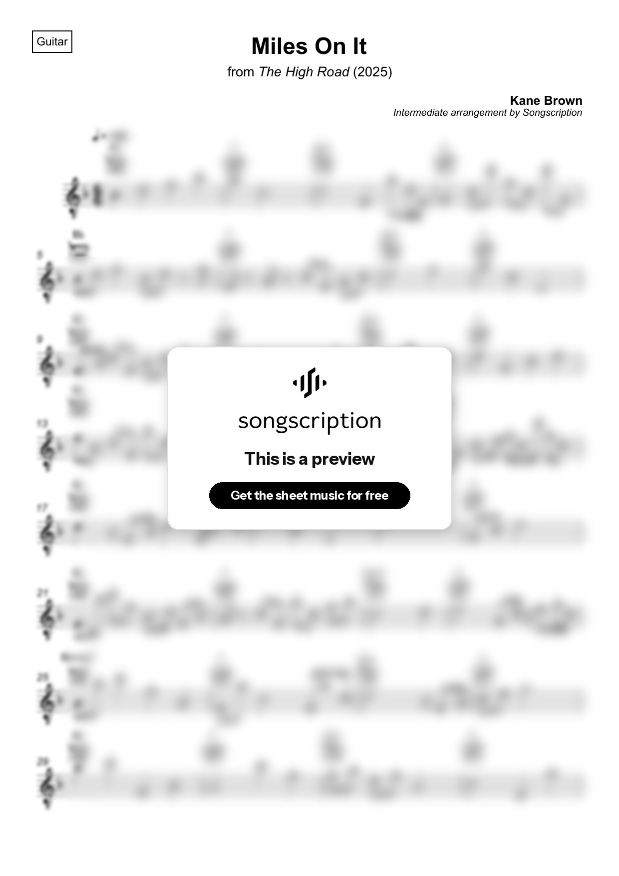 Intermediate Acoustic Guitar Sheet Music for "Miles On It" by Kane Brown