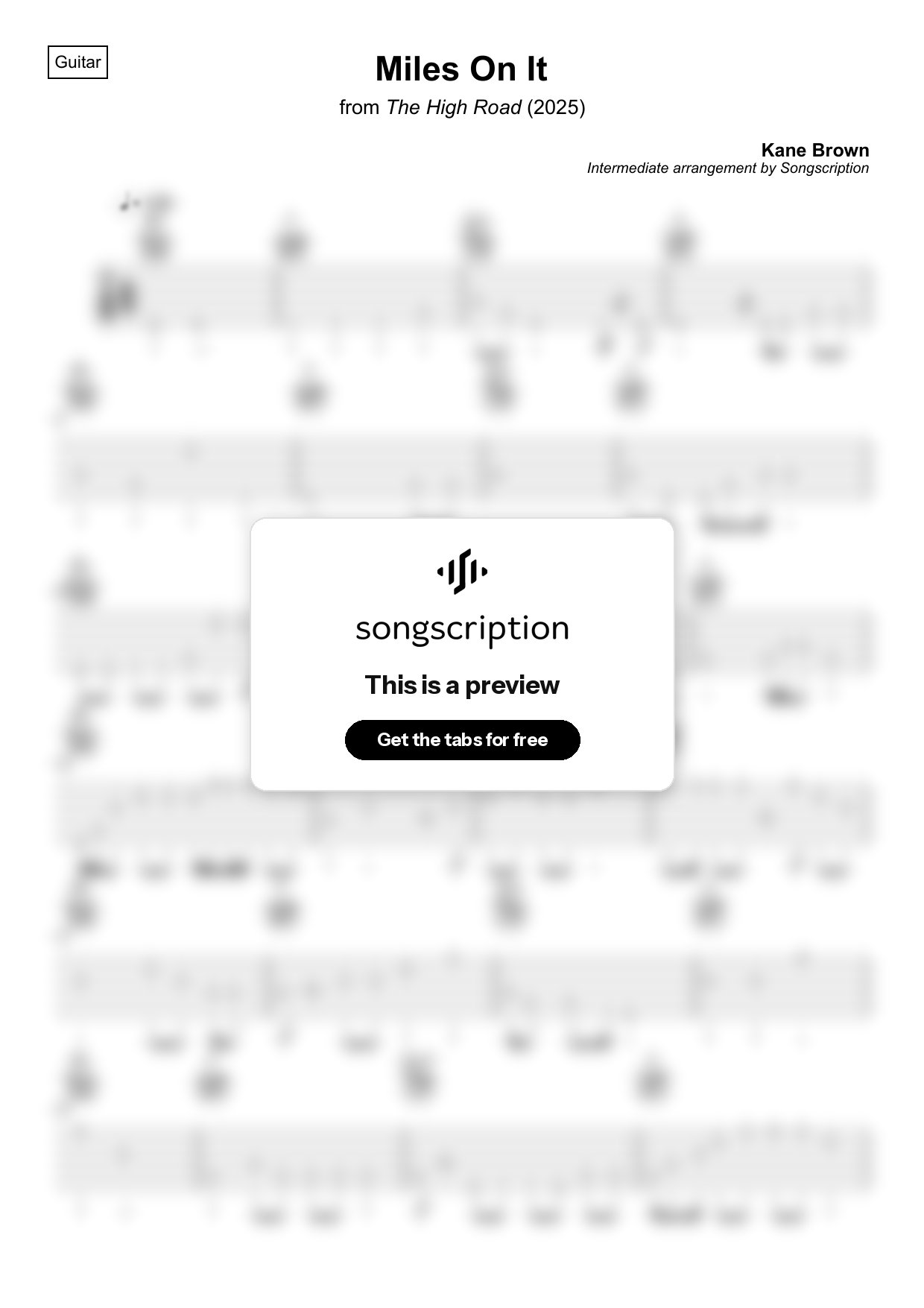 Intermediate Acoustic Guitar Tabs for "Miles On It" by Kane Brown