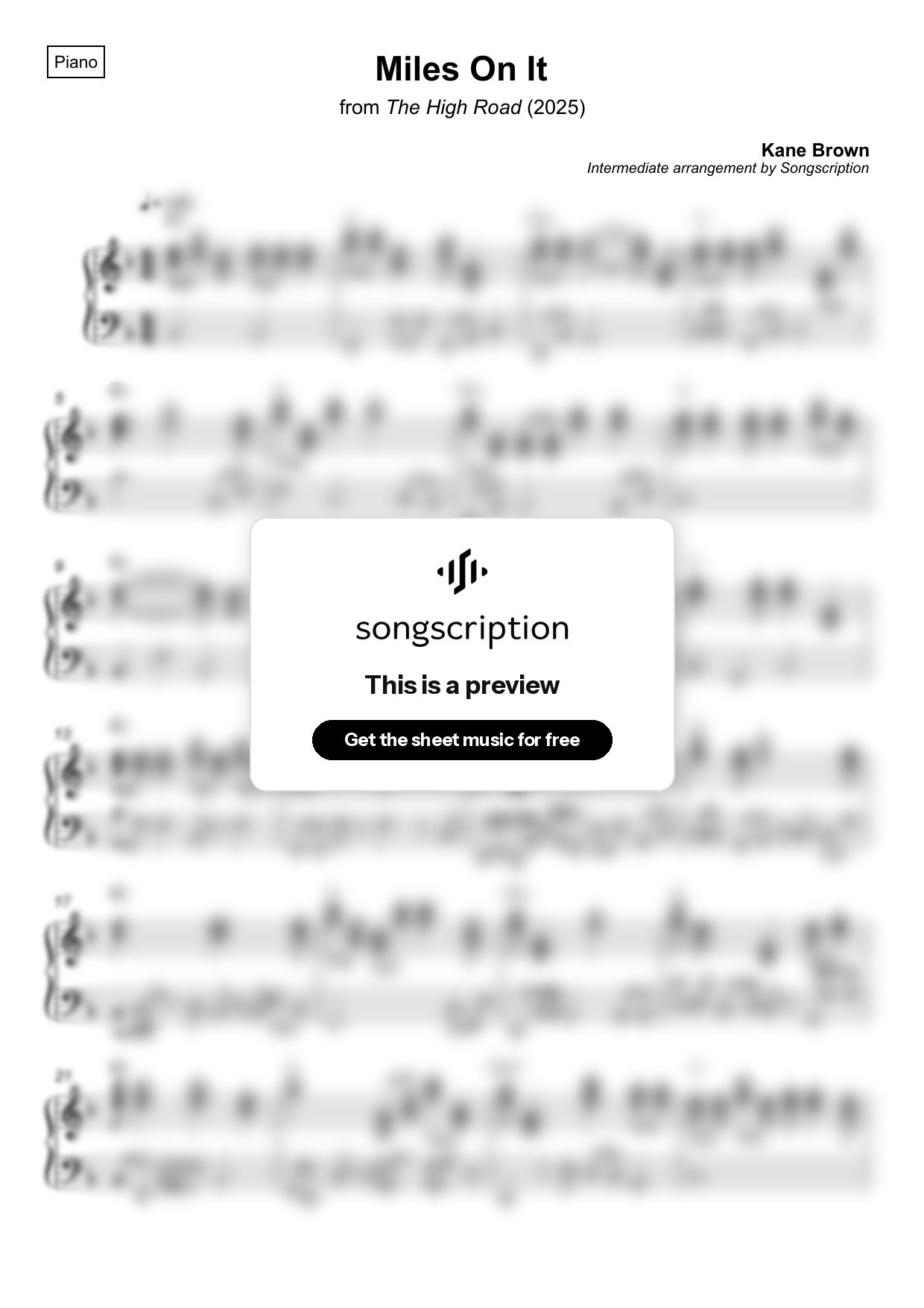 Intermediate Piano Sheet Music for "Miles On It" by Kane Brown