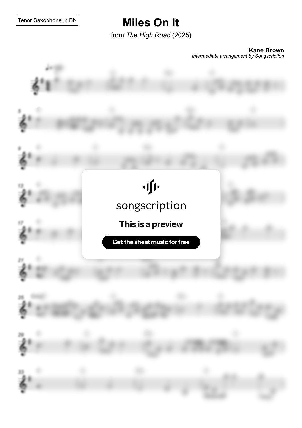 Intermediate Tenor Sax Sheet Music for "Miles On It" by Kane Brown