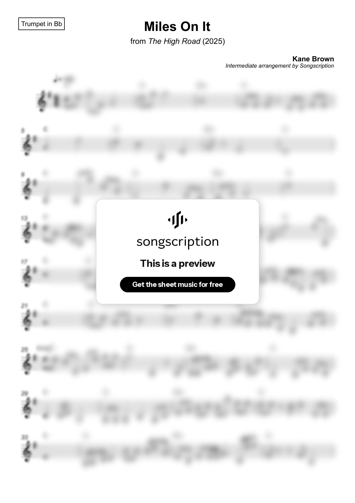 Intermediate Trumpet Sheet Music for "Miles On It" by Kane Brown