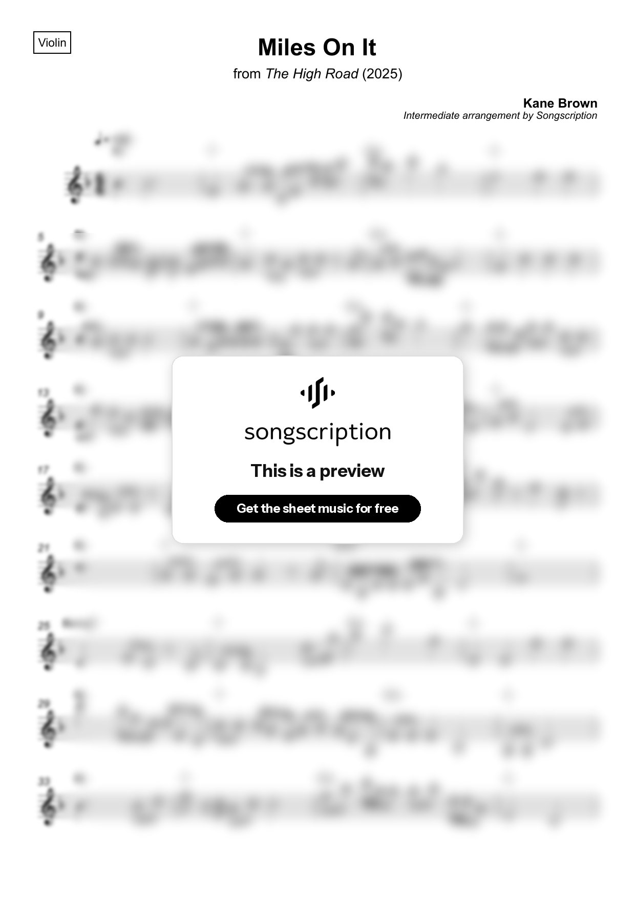 Intermediate Violin Sheet Music for "Miles On It" by Kane Brown