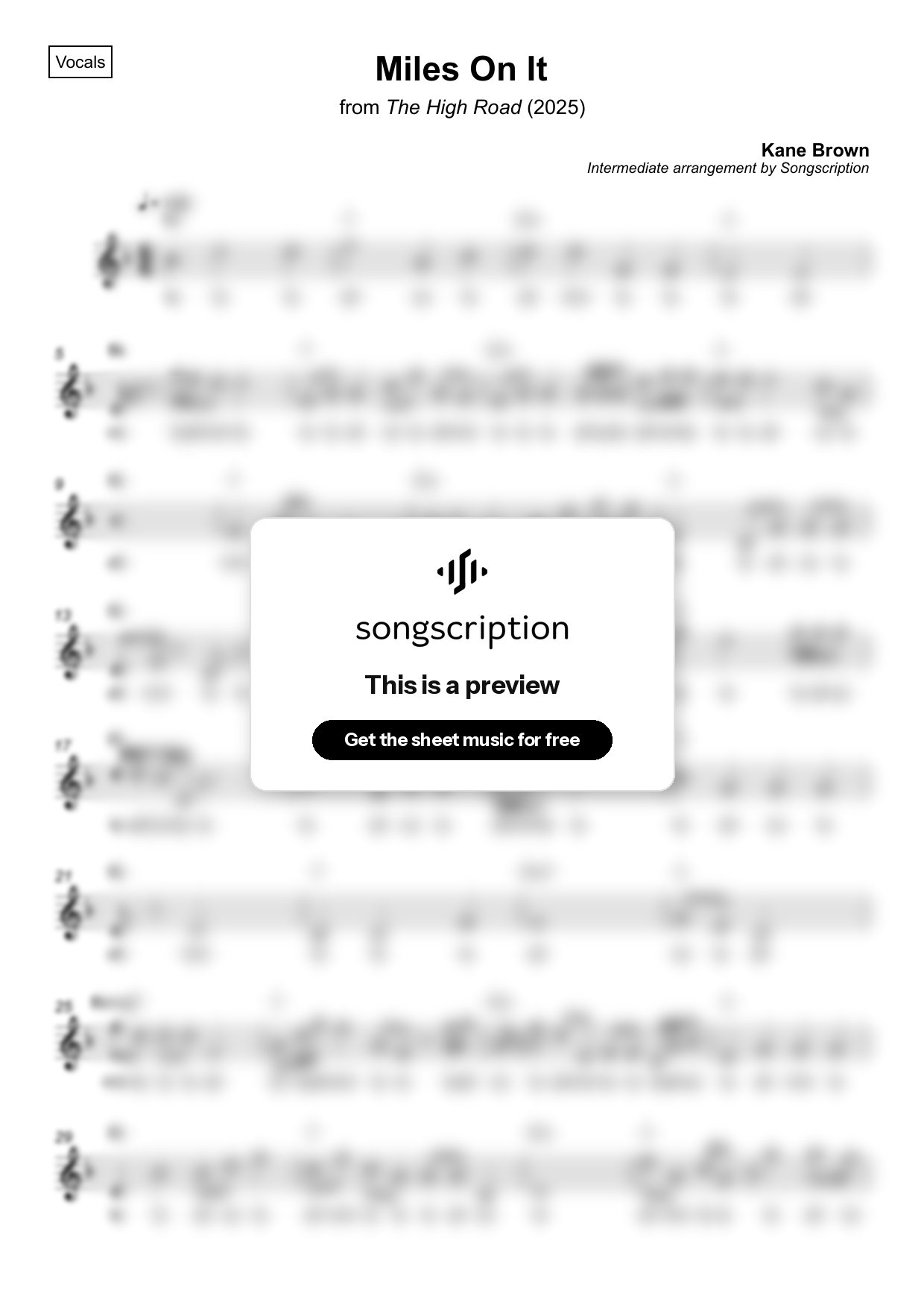 Intermediate Vocals Sheet Music for "Miles On It" by Kane Brown