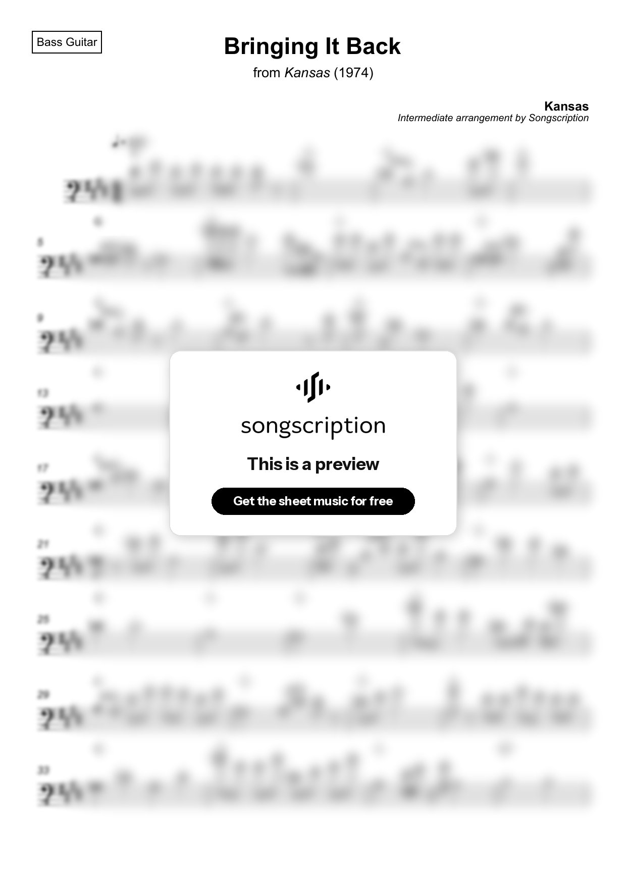 Intermediate Bass Guitar Sheet Music for "Bringing It Back" by Kansas