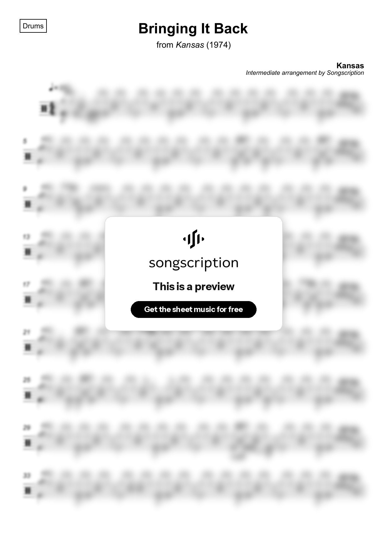 Intermediate Drums Sheet Music for "Bringing It Back" by Kansas