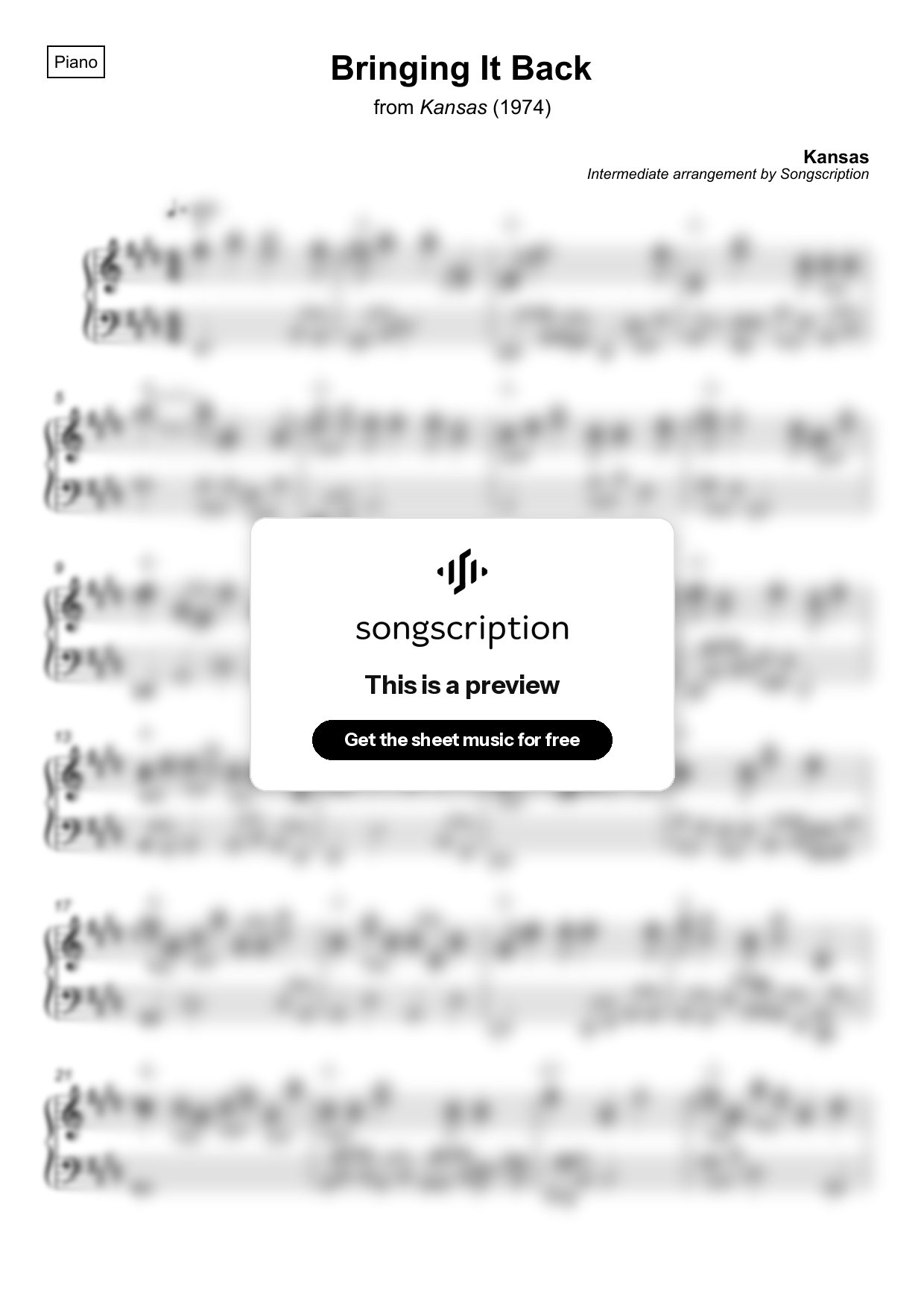 Intermediate Piano Sheet Music for "Bringing It Back" by Kansas