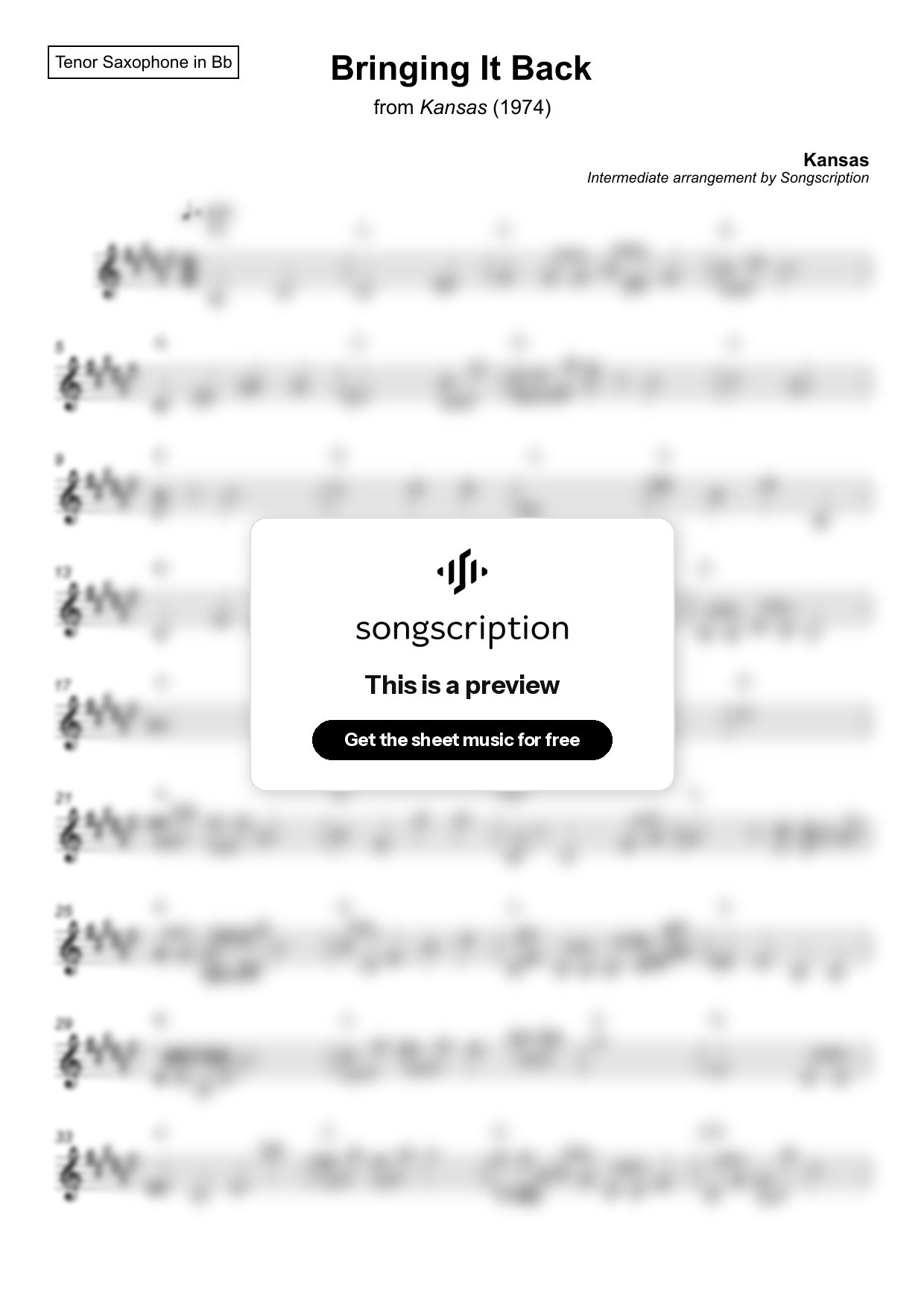 Intermediate Tenor Sax Sheet Music for "Bringing It Back" by Kansas