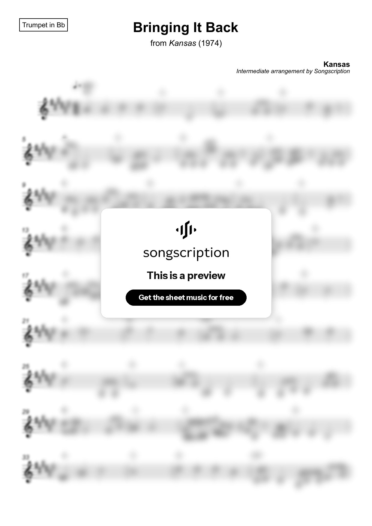 Intermediate Trumpet Sheet Music for "Bringing It Back" by Kansas