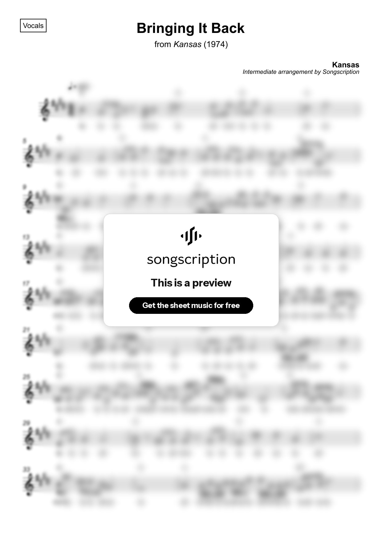Intermediate Vocals Sheet Music for "Bringing It Back" by Kansas