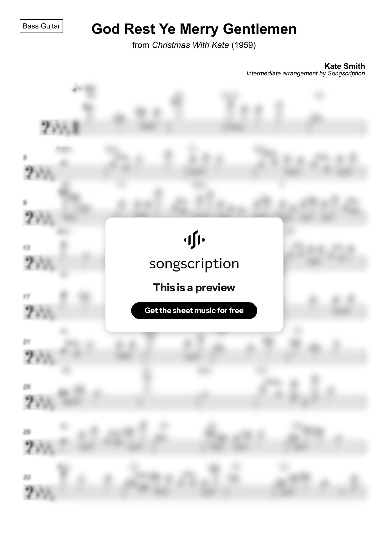 Intermediate Bass Guitar Sheet Music for "God Rest Ye Merry Gentlemen" by Kate Smith