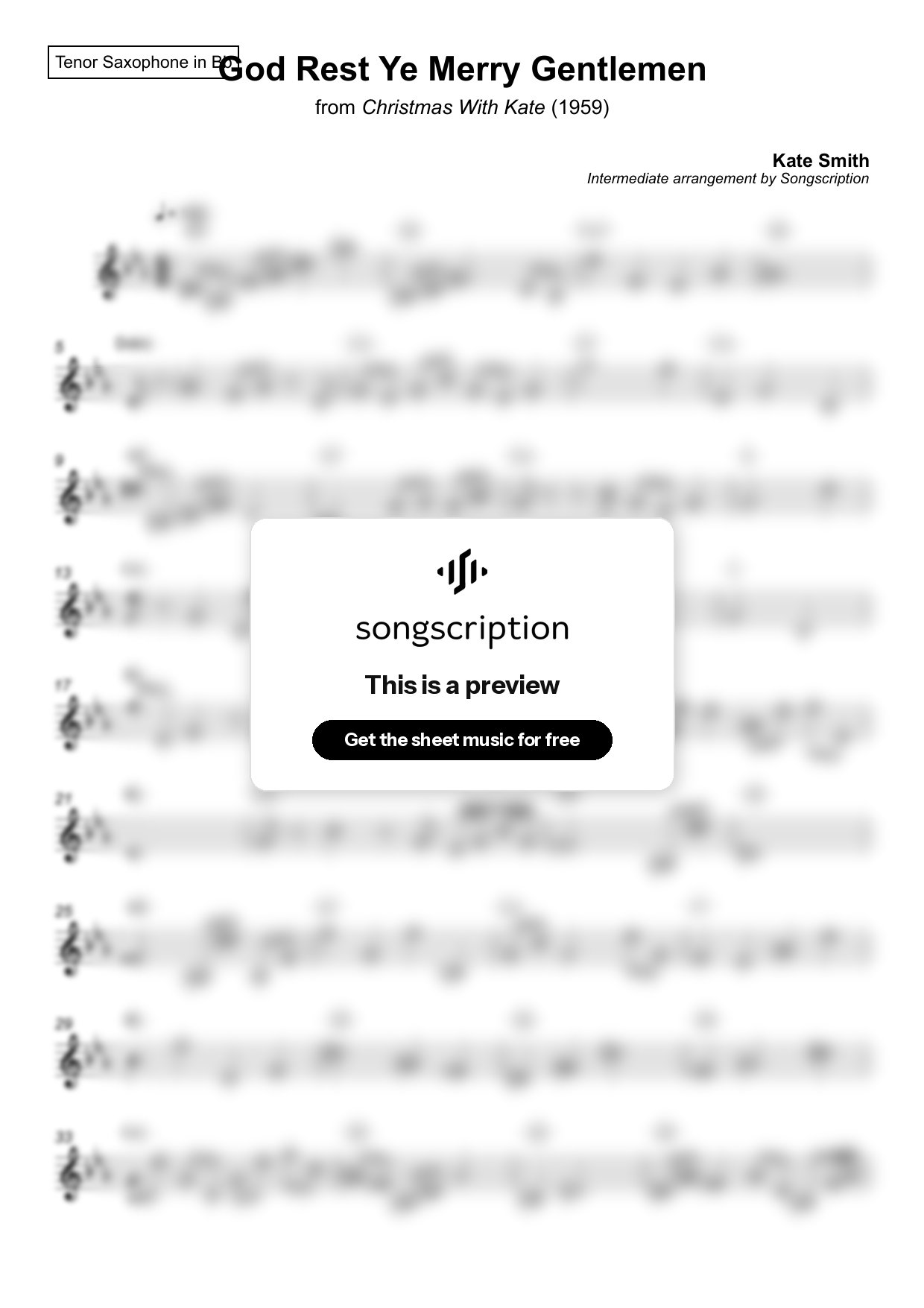 Intermediate Tenor Sax Sheet Music for "God Rest Ye Merry Gentlemen" by Kate Smith