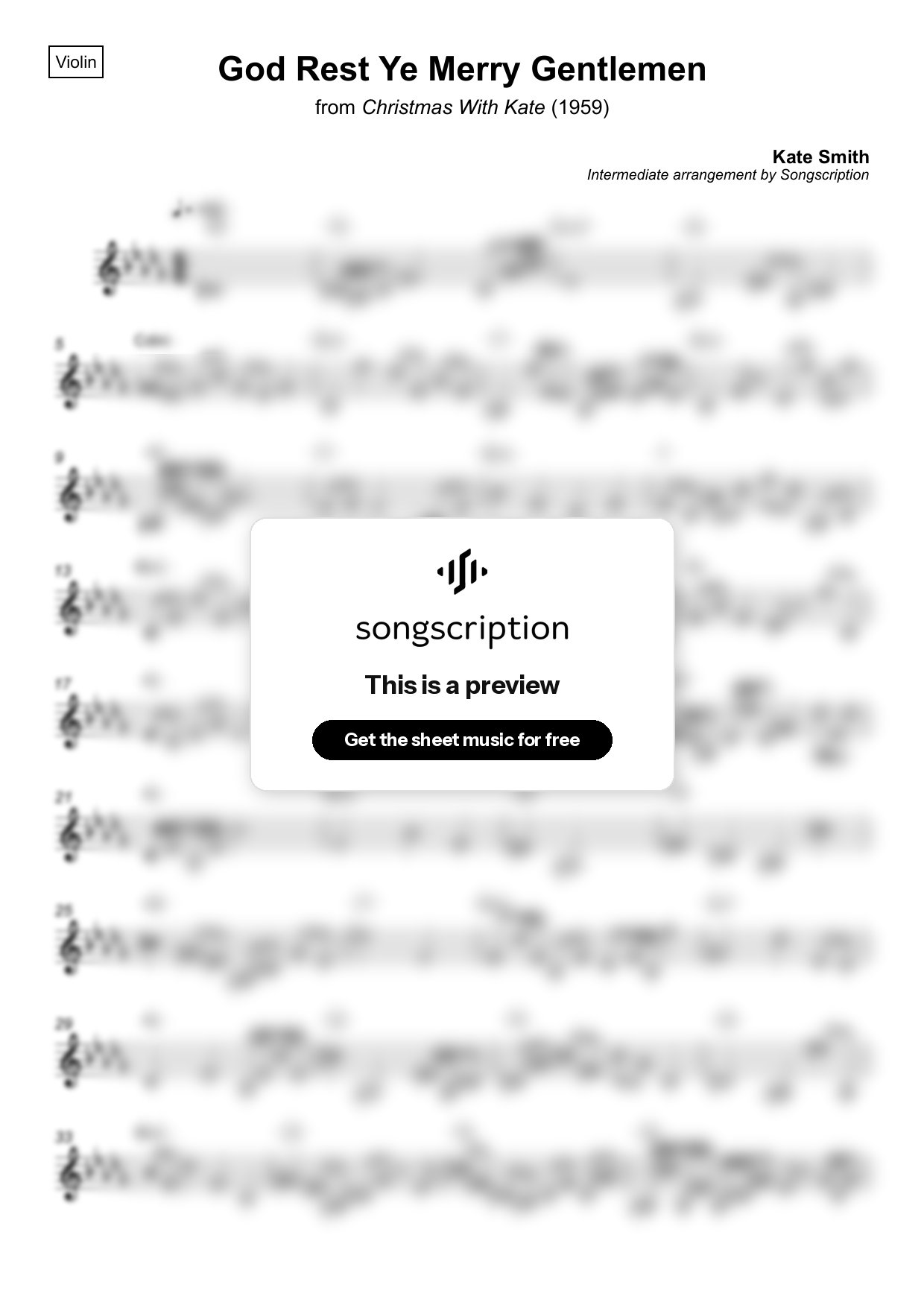 Intermediate Violin Sheet Music for "God Rest Ye Merry Gentlemen" by Kate Smith