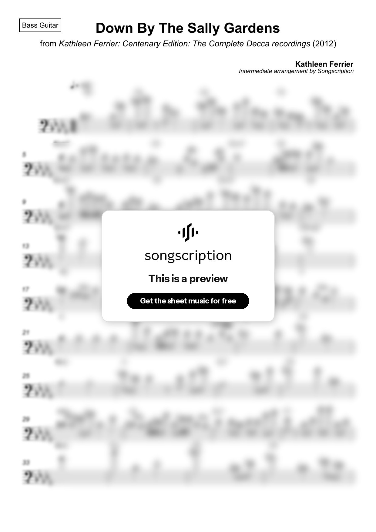 Intermediate Bass Guitar Sheet Music for "Down By The Sally Gardens" by Kathleen Ferrier