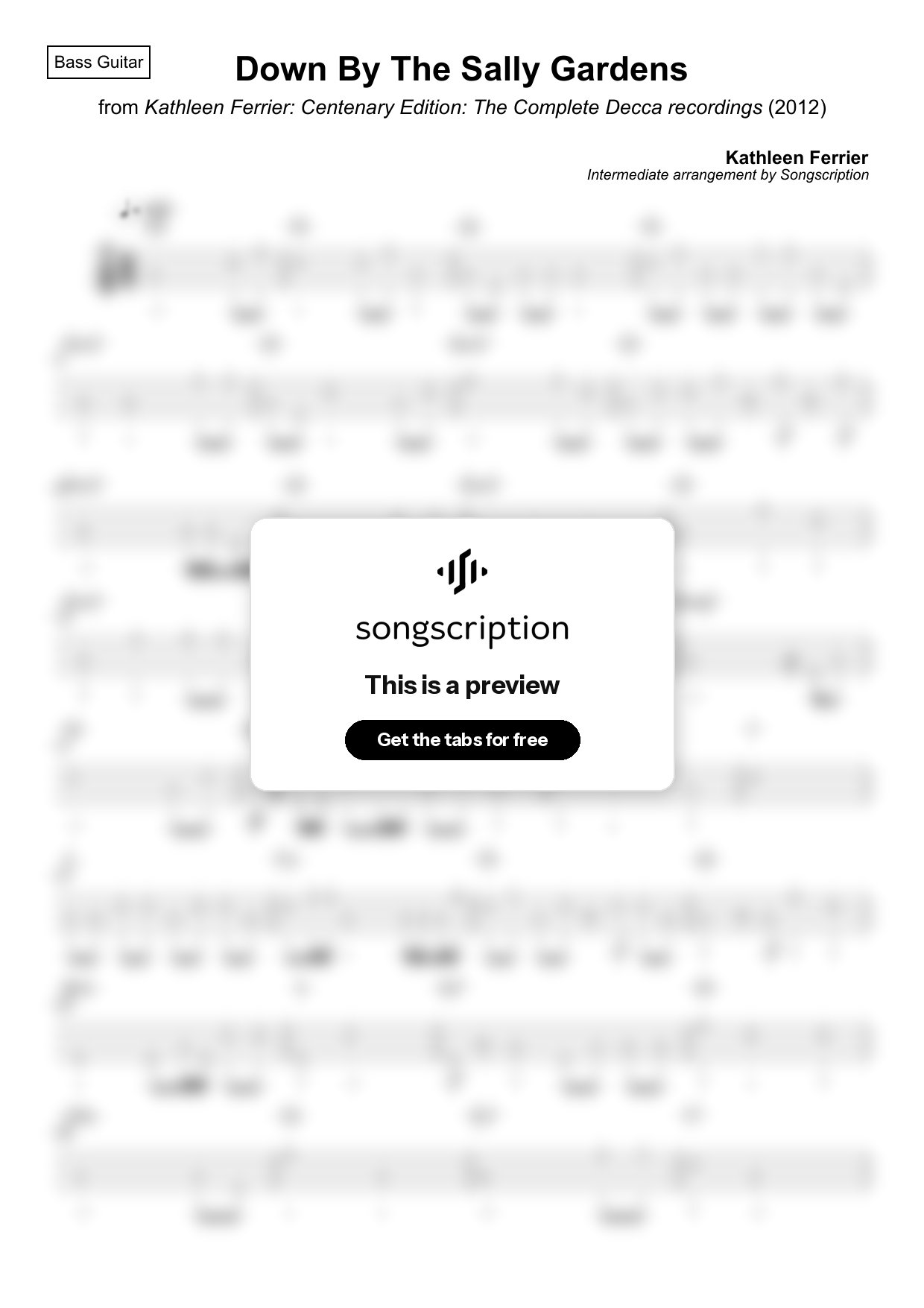 Intermediate Bass Guitar Tabs for "Down By The Sally Gardens" by Kathleen Ferrier