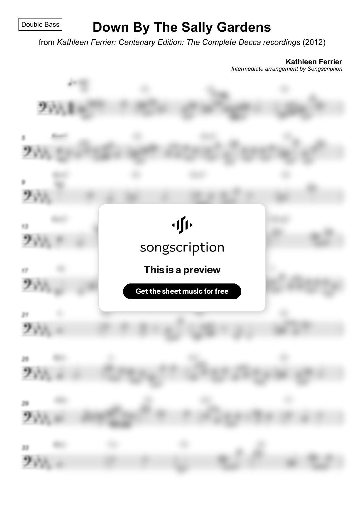 Intermediate Double Bass Sheet Music for "Down By The Sally Gardens" by Kathleen Ferrier