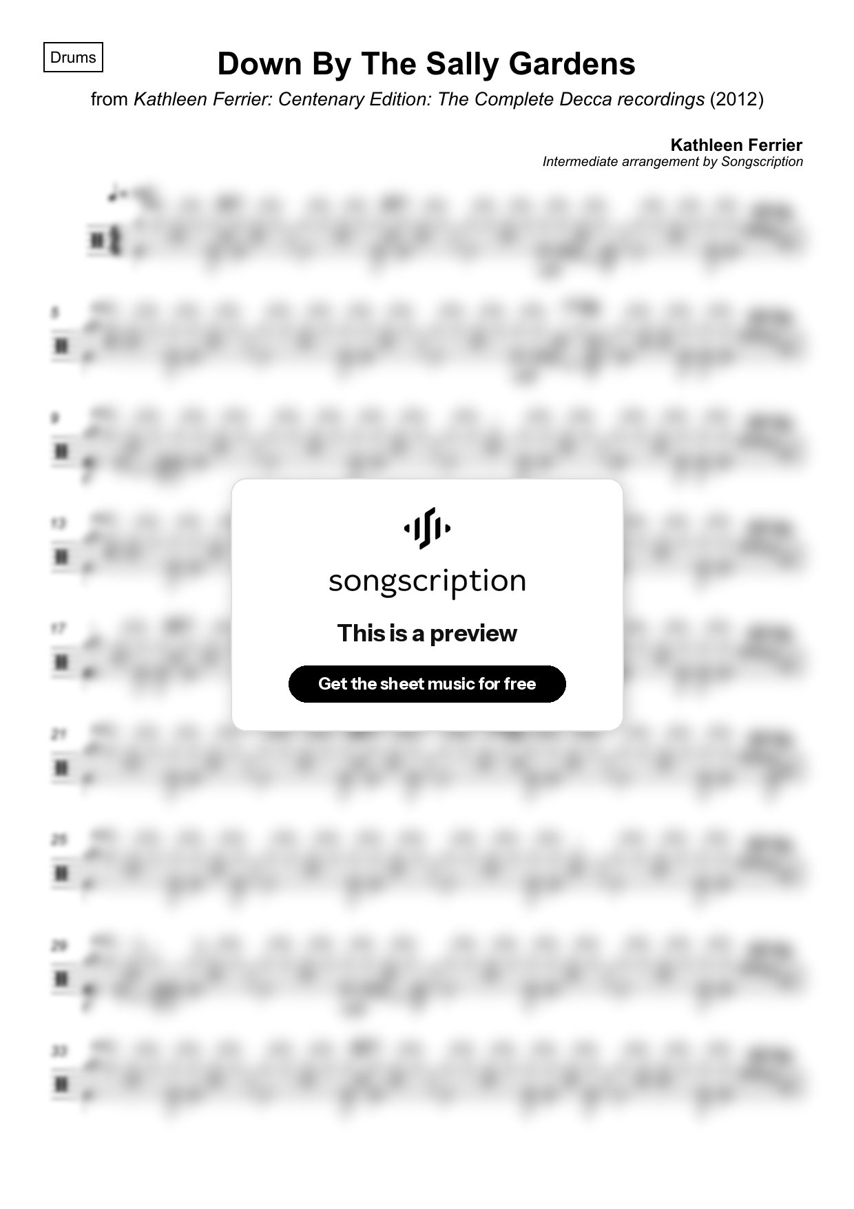 Intermediate Drums Sheet Music for "Down By The Sally Gardens" by Kathleen Ferrier