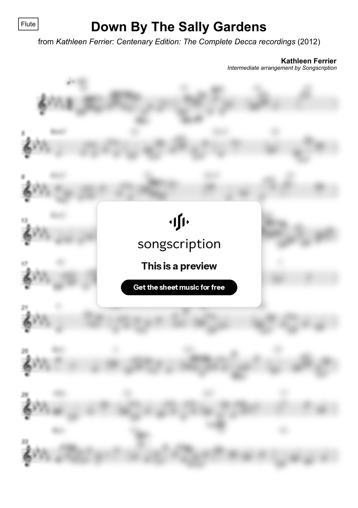 Intermediate Flute Sheet Music for "Down By The Sally Gardens" by Kathleen Ferrier