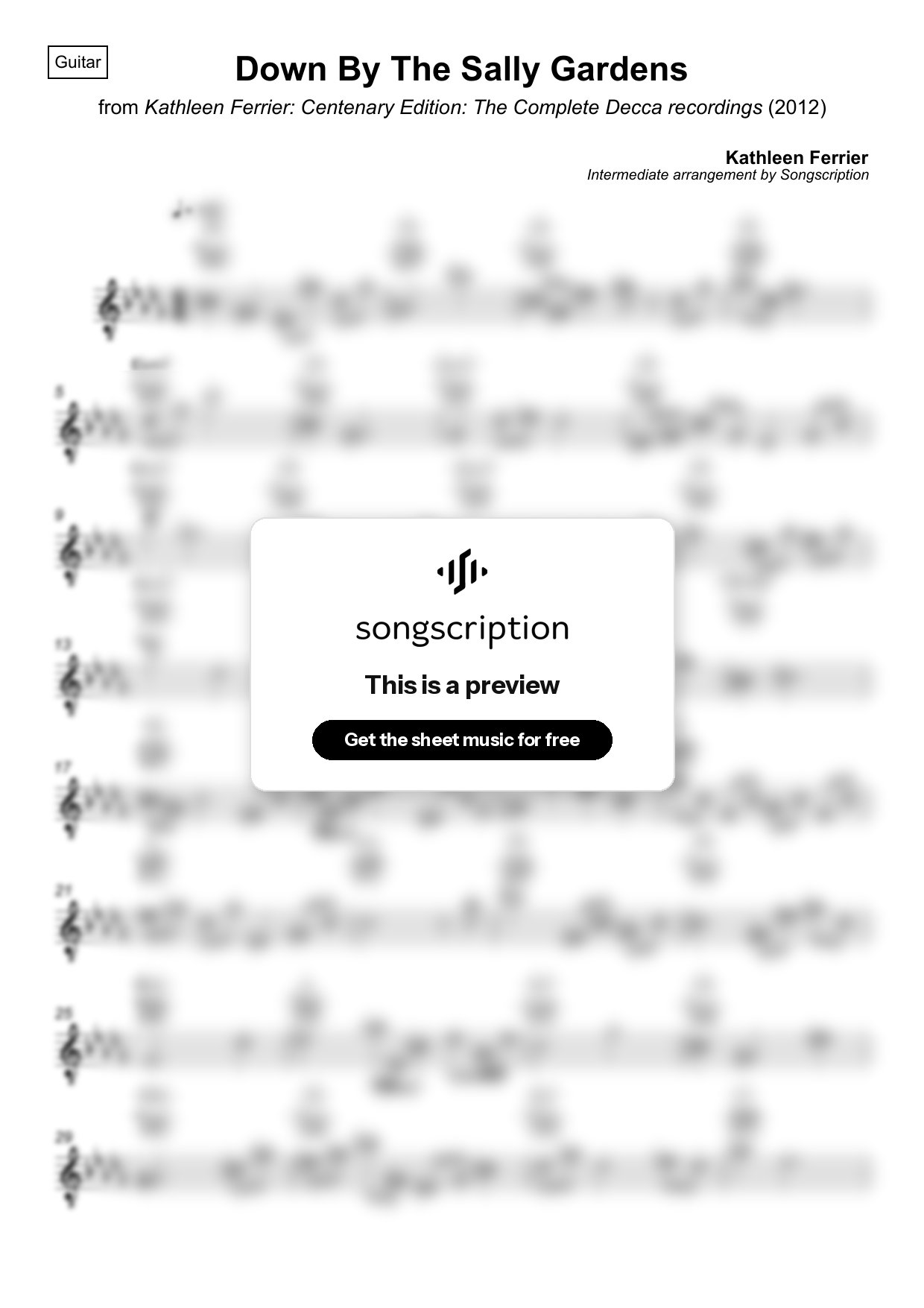 Intermediate Acoustic Guitar Sheet Music for "Down By The Sally Gardens" by Kathleen Ferrier