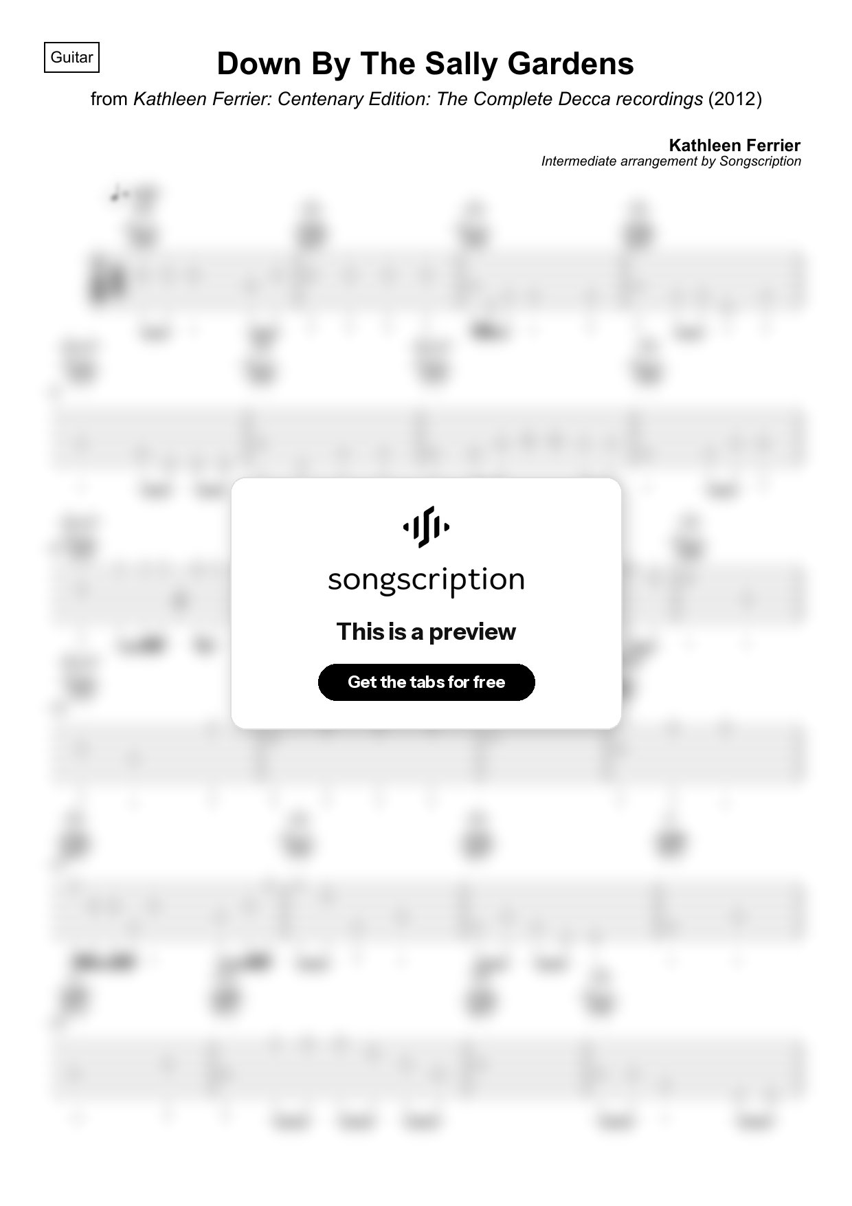 Intermediate Acoustic Guitar Tabs for "Down By The Sally Gardens" by Kathleen Ferrier
