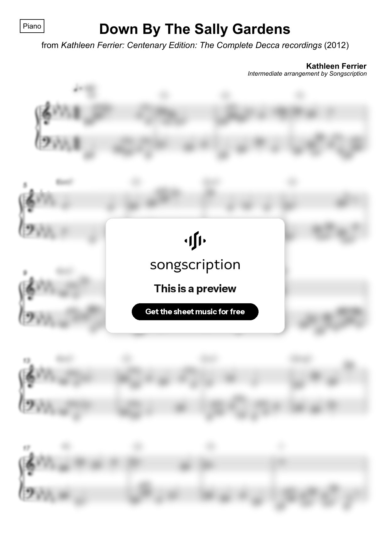 Intermediate Piano Sheet Music for "Down By The Sally Gardens" by Kathleen Ferrier